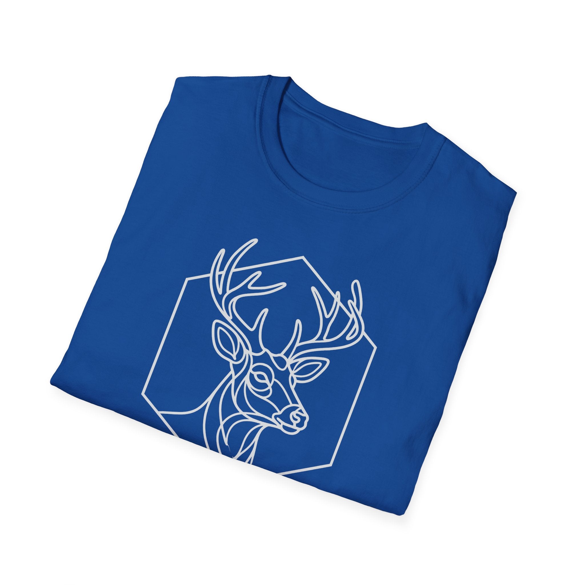 Royal blue deer outline T-shirt with geometric hex badge