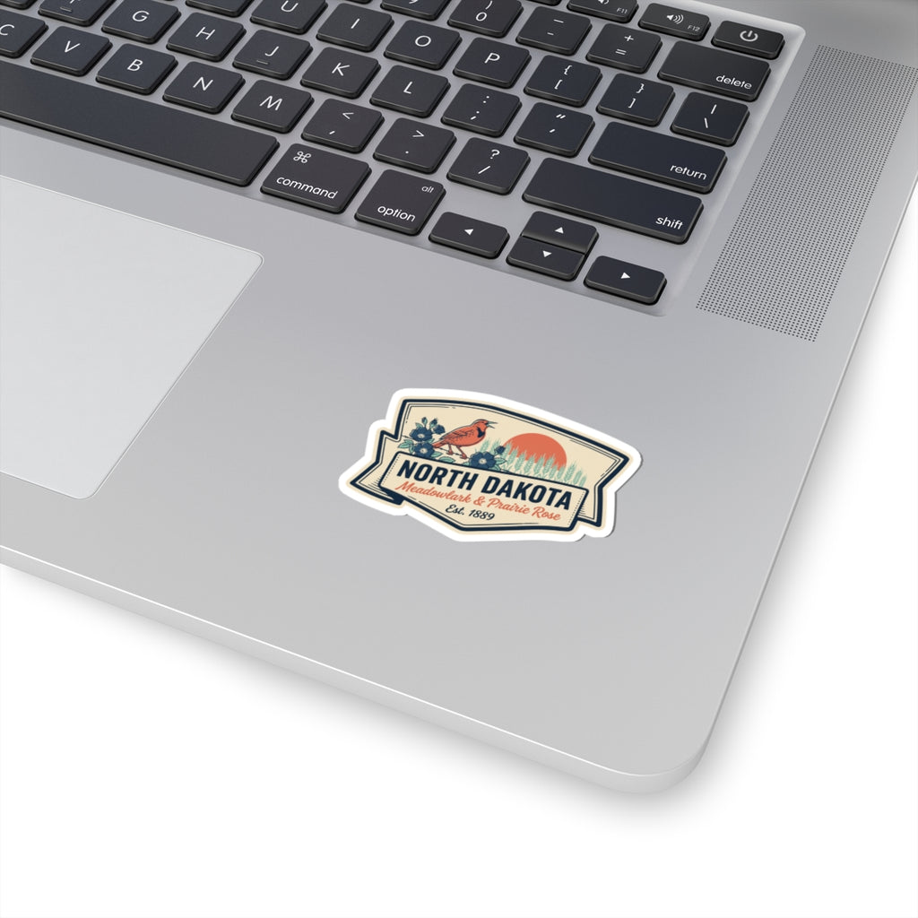 North Dakota vintage state badge sticker decal, colorful bird-and-flower design