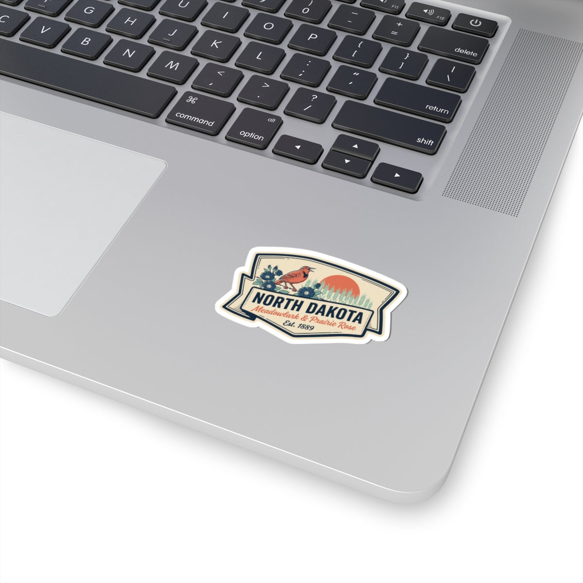 North Dakota vintage state badge sticker decal, colorful bird-and-flower design