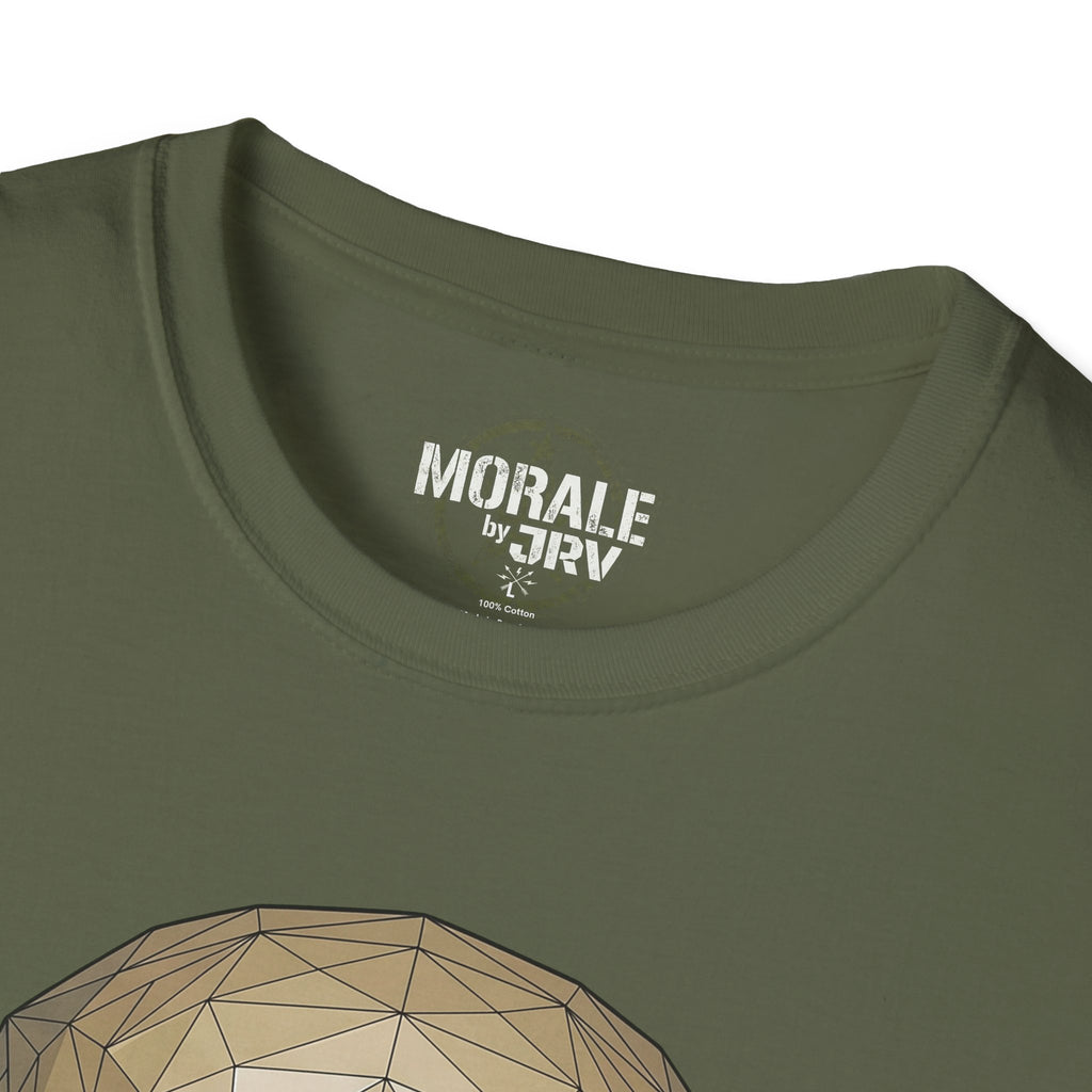 Military green T-shirt neckline and printed collar label detail