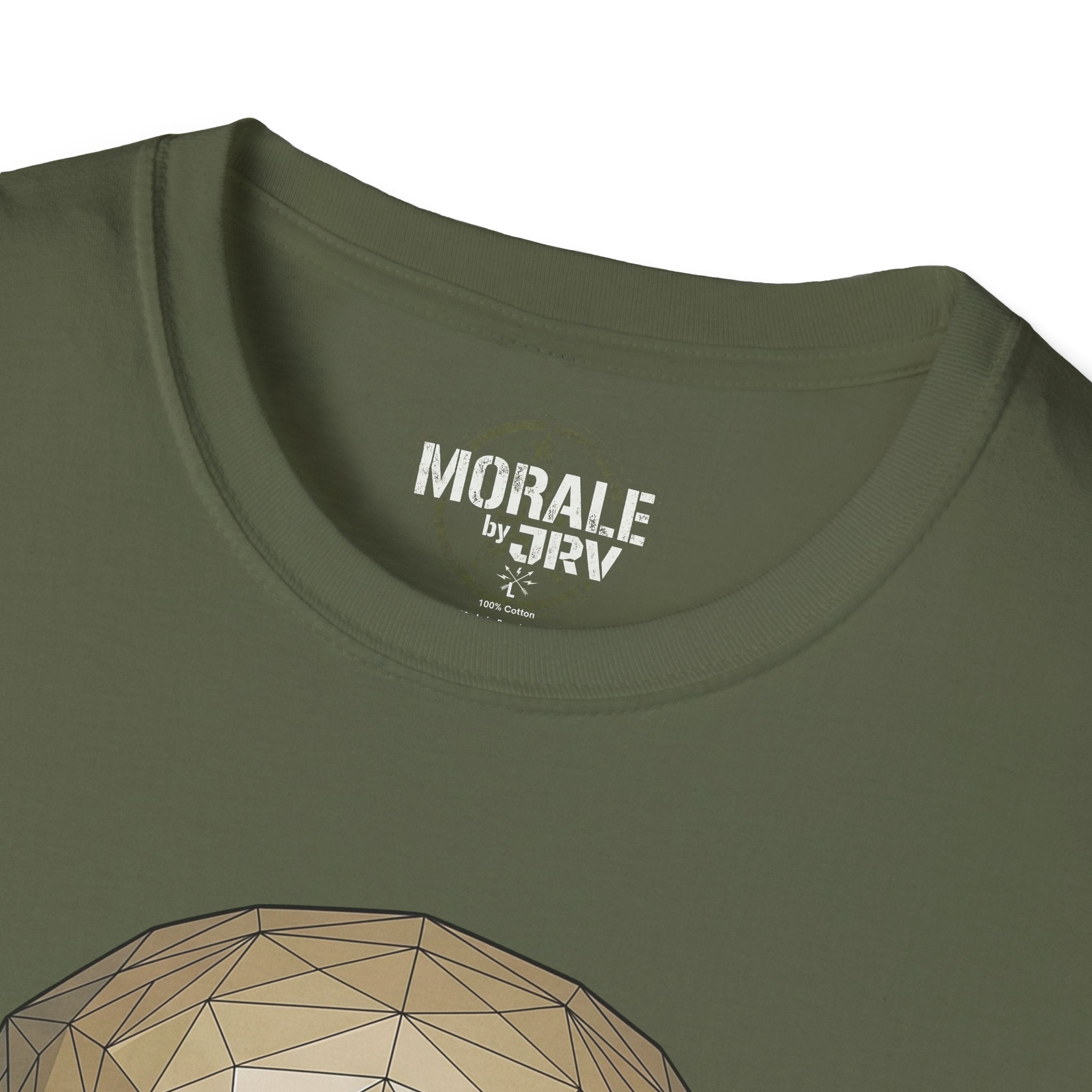 Military green T-shirt neckline and printed collar label detail