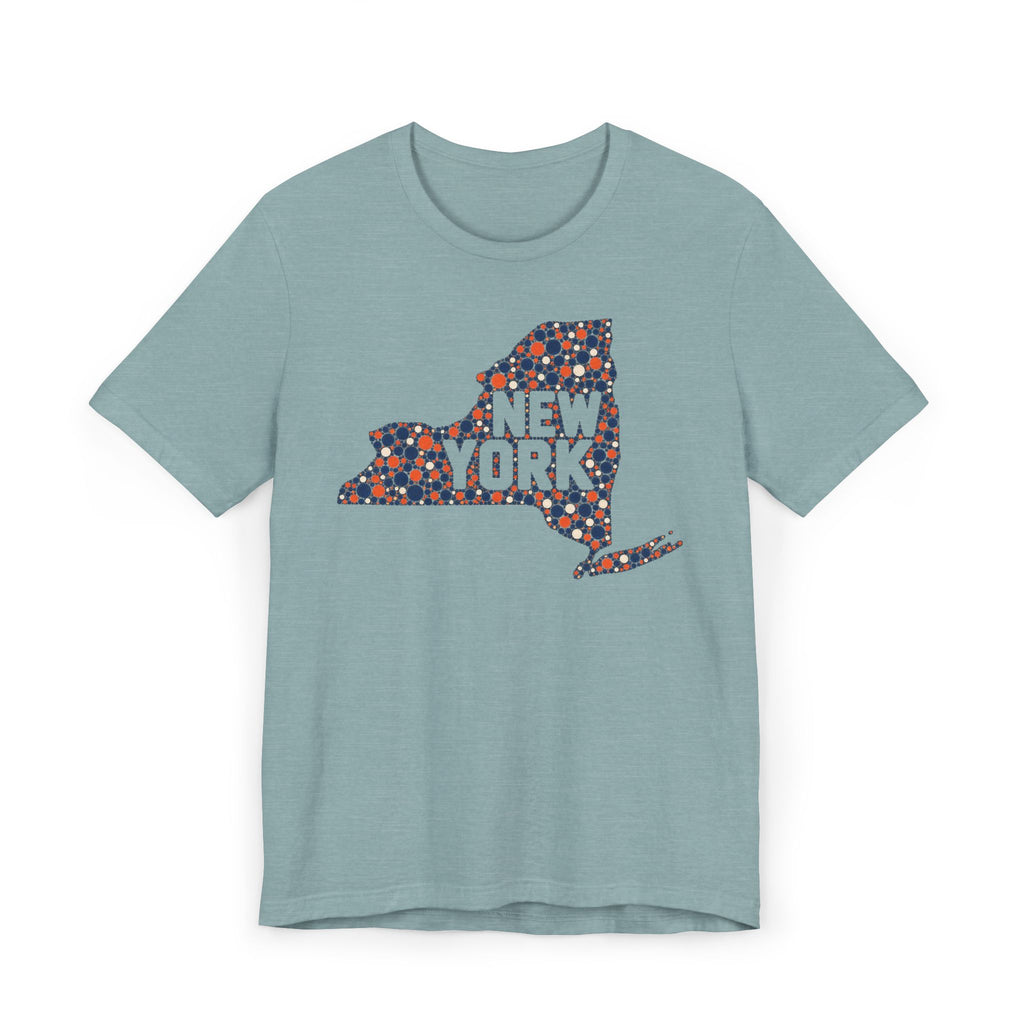 Teal short-sleeve t-shirt with colorful New York state outline graphic