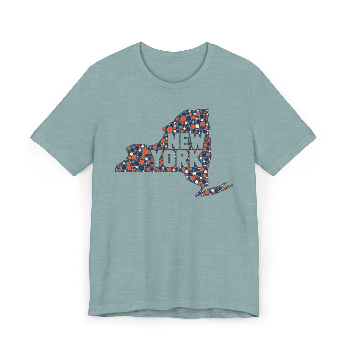 Teal short-sleeve t-shirt with colorful New York state outline graphic