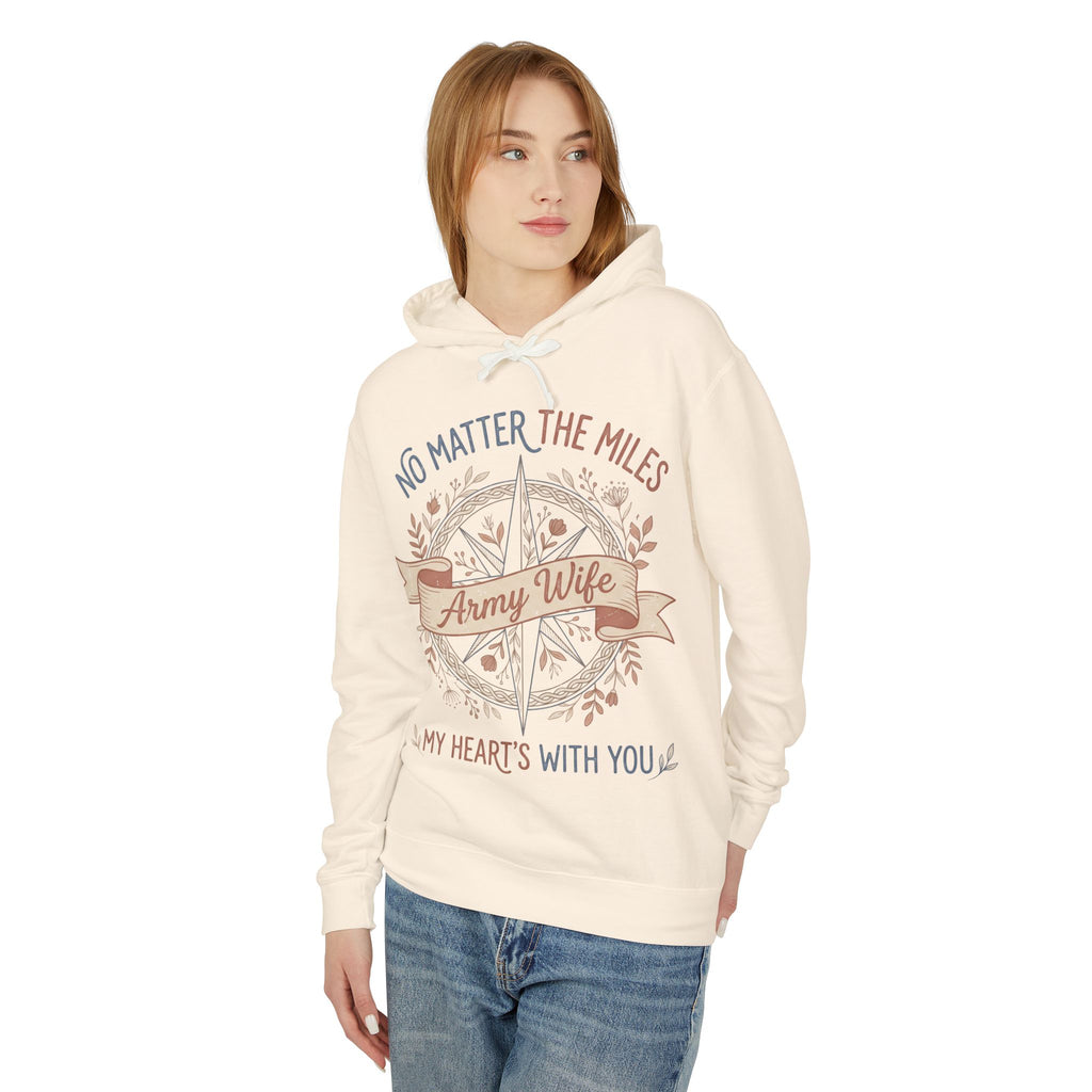 Ivory hoodie with compass floral chest graphic, kangaroo pocket and drawstring hood
