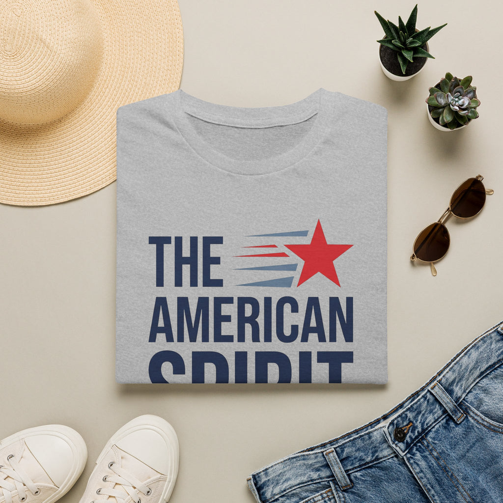 Gray patriotic T-shirt with 'THE AMERICAN SPIRIT' graphic and red star