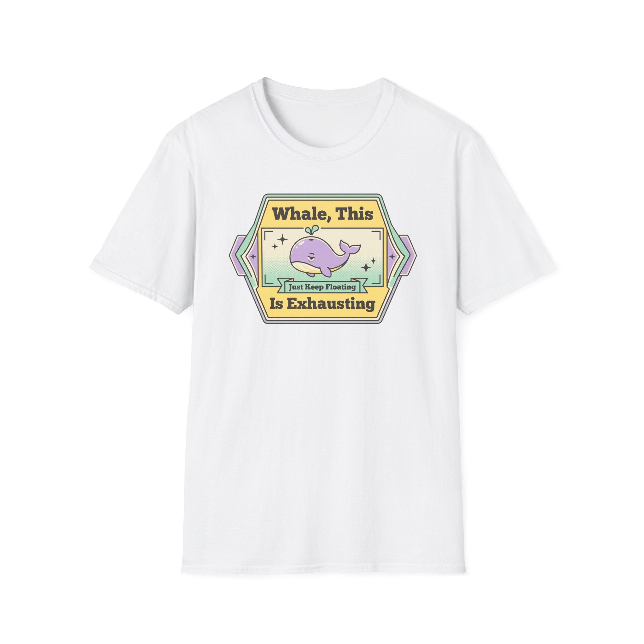 White T-shirt with purple whale retro graphic and slogan print