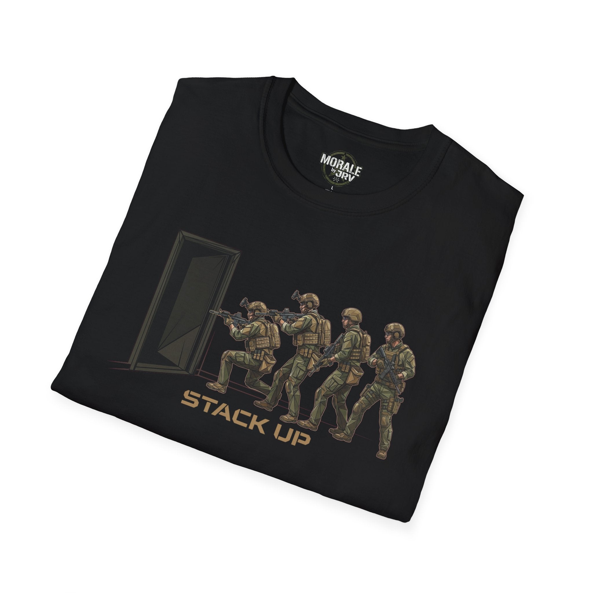 Black T-shirt with “Stack Up” tactical soldiers entering door front print