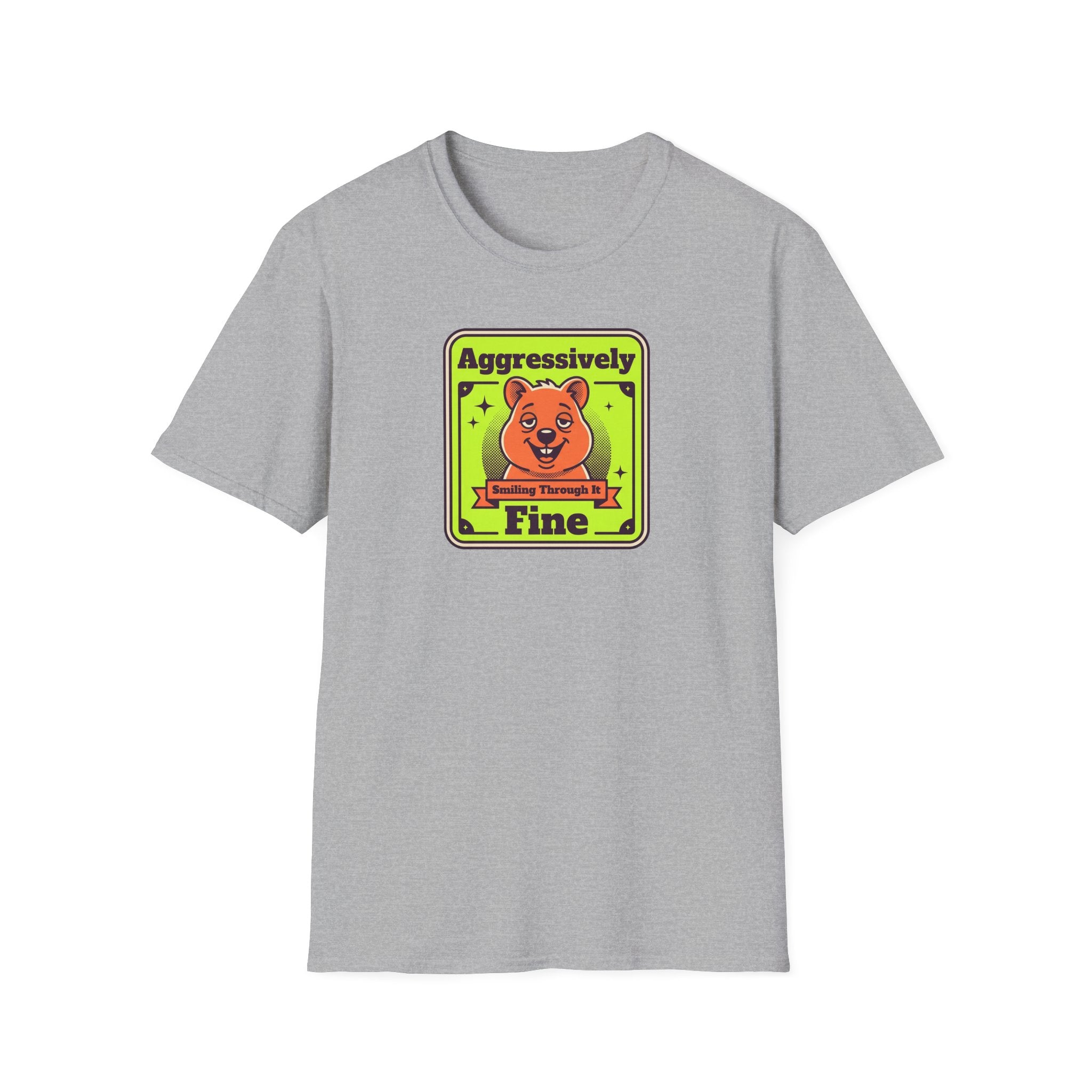 Light gray crewneck T-shirt with centered neon bear graphic