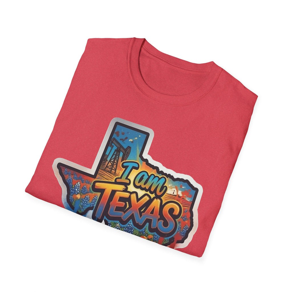 Red T-shirt close-up of crew neck and upper portion of Texas skyline graffiti print