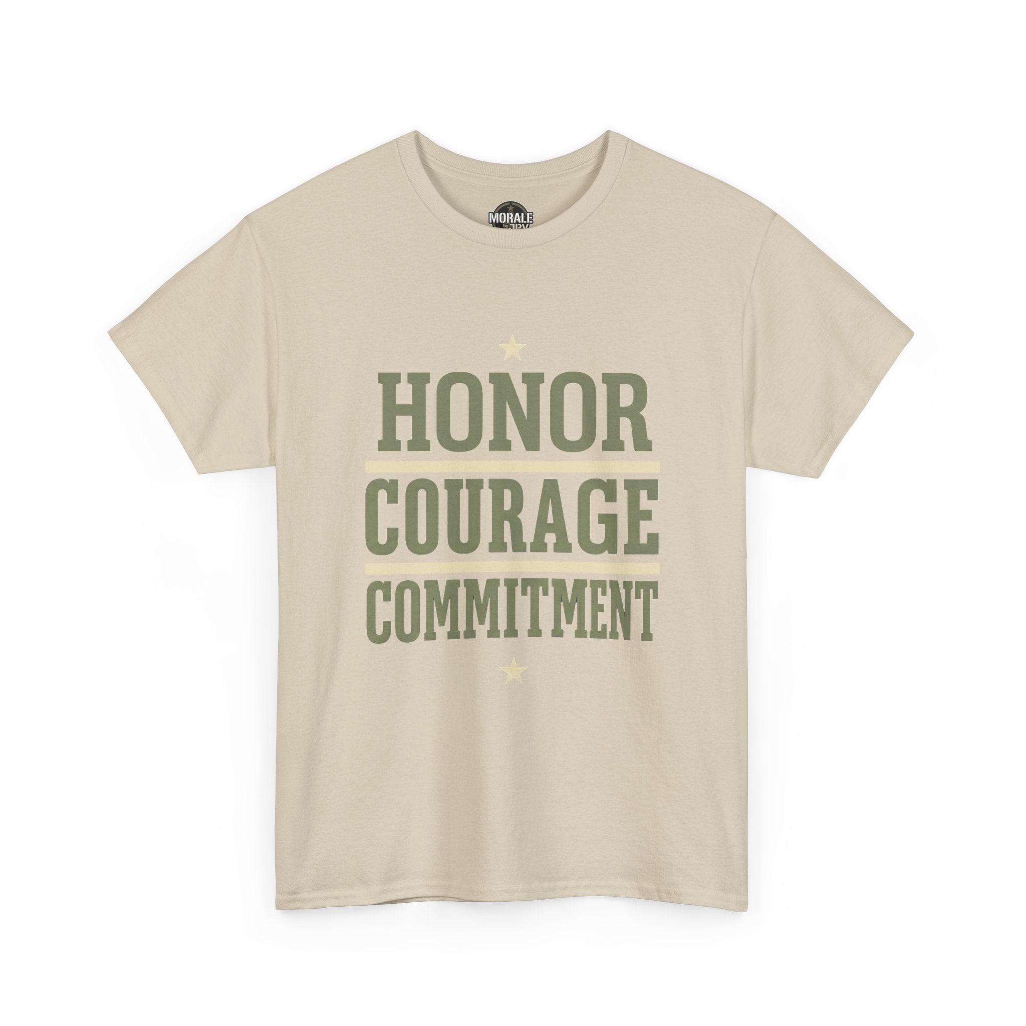 Sand crewneck T-shirt with “HONOR COURAGE COMMITMENT” graphic and small stars.