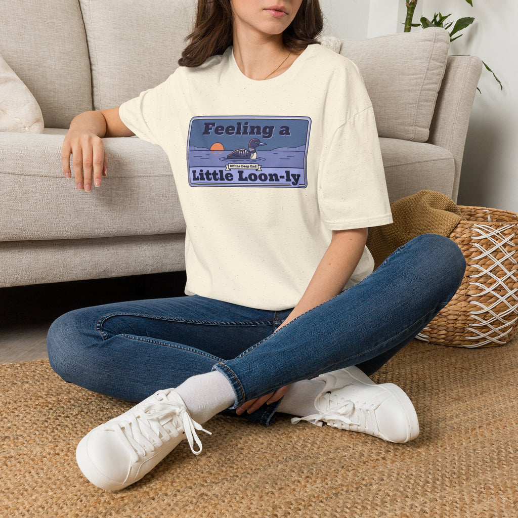Cream T-shirt with blue loon pun graphic, crew neck short sleeves