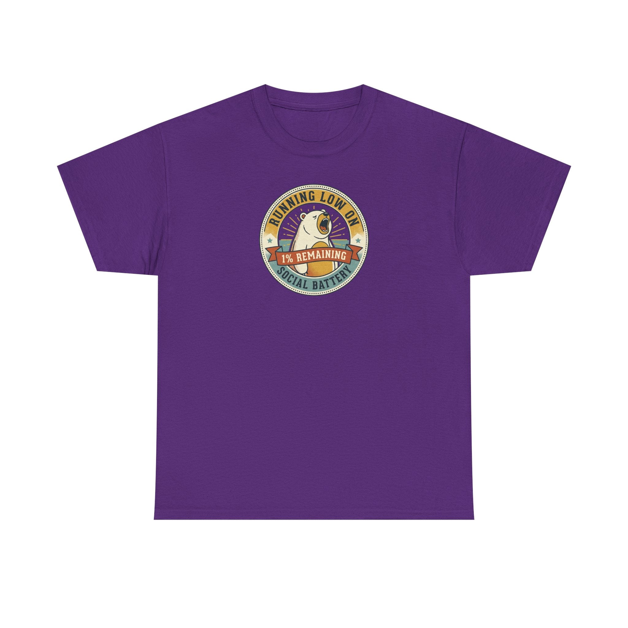 Purple graphic T-shirt with circular bear badge logo