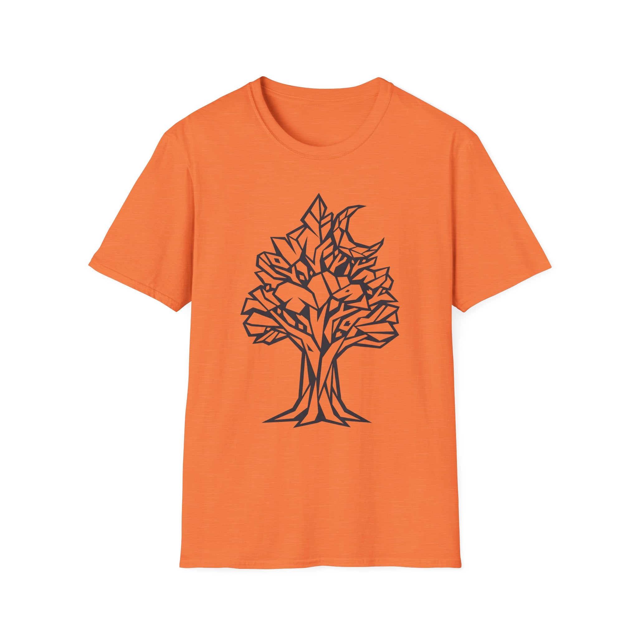 Orange T-shirt with geometric tree moon botanical line art graphic on chest