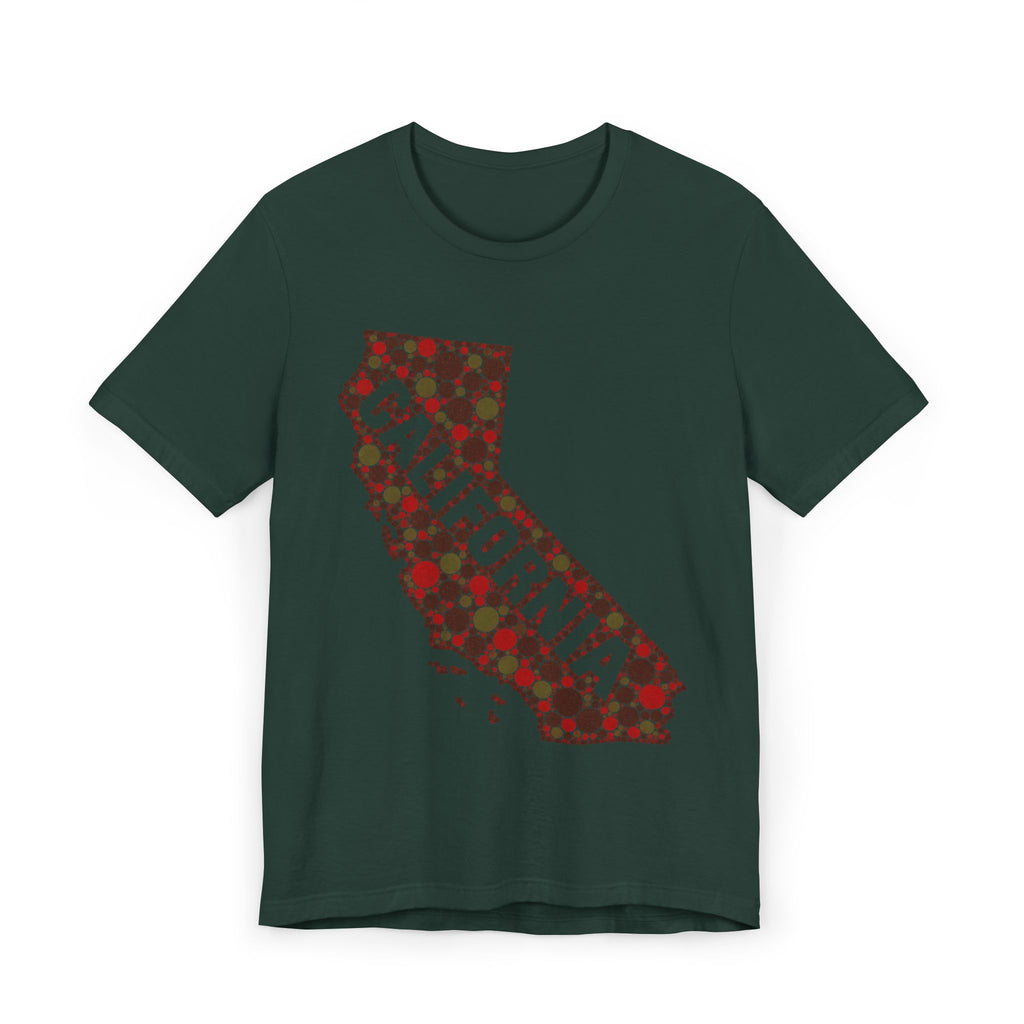 Dark green T-shirt with California map outline graphic in red and dotted pattern