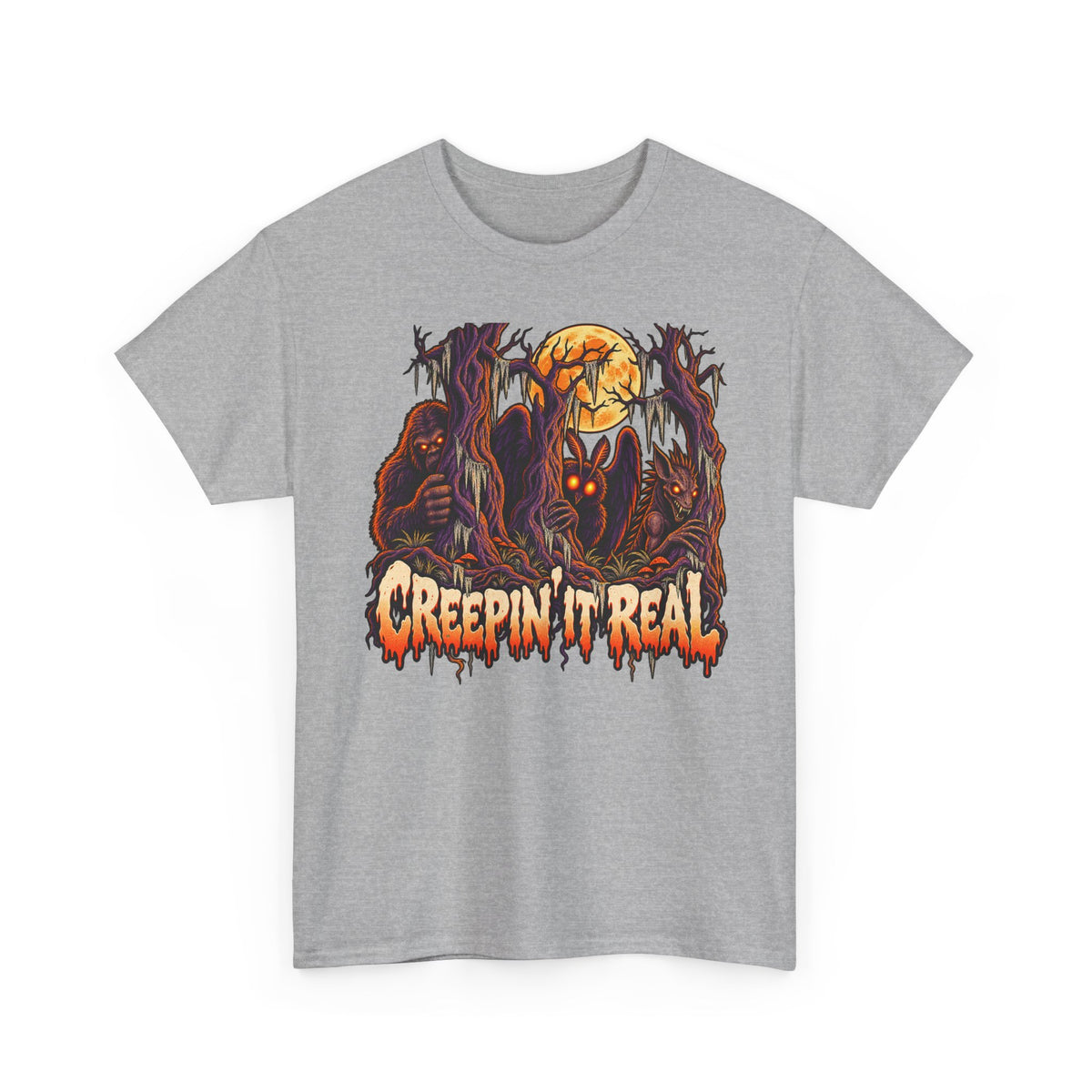Halloween monster graphic T-shirt in light gray with orange skull and claw design