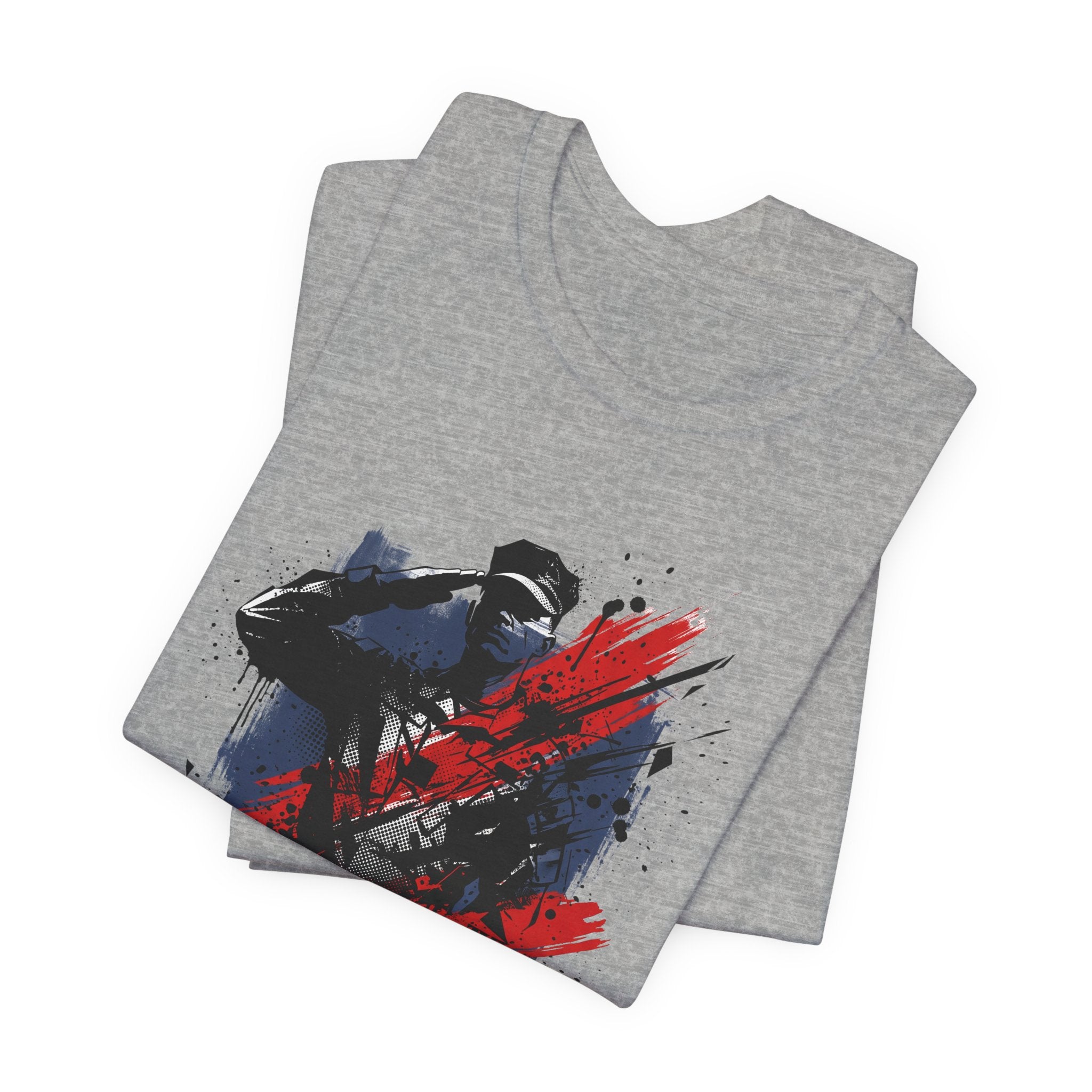 Dark grey heather crewneck T-shirt with soldier silhouette graphic in red and navy