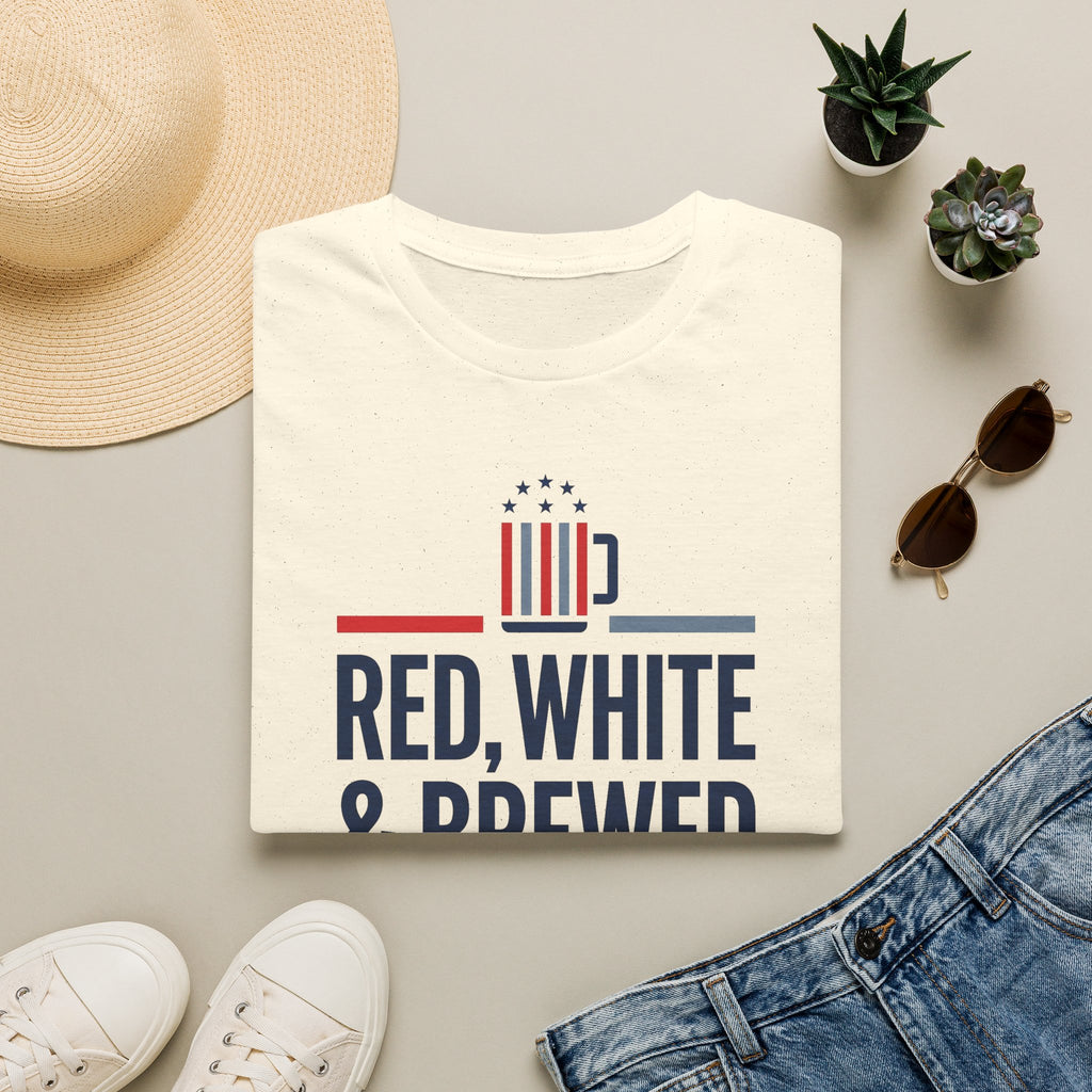 White T-shirt with patriotic graphic and text RED, WHITE & BREWED