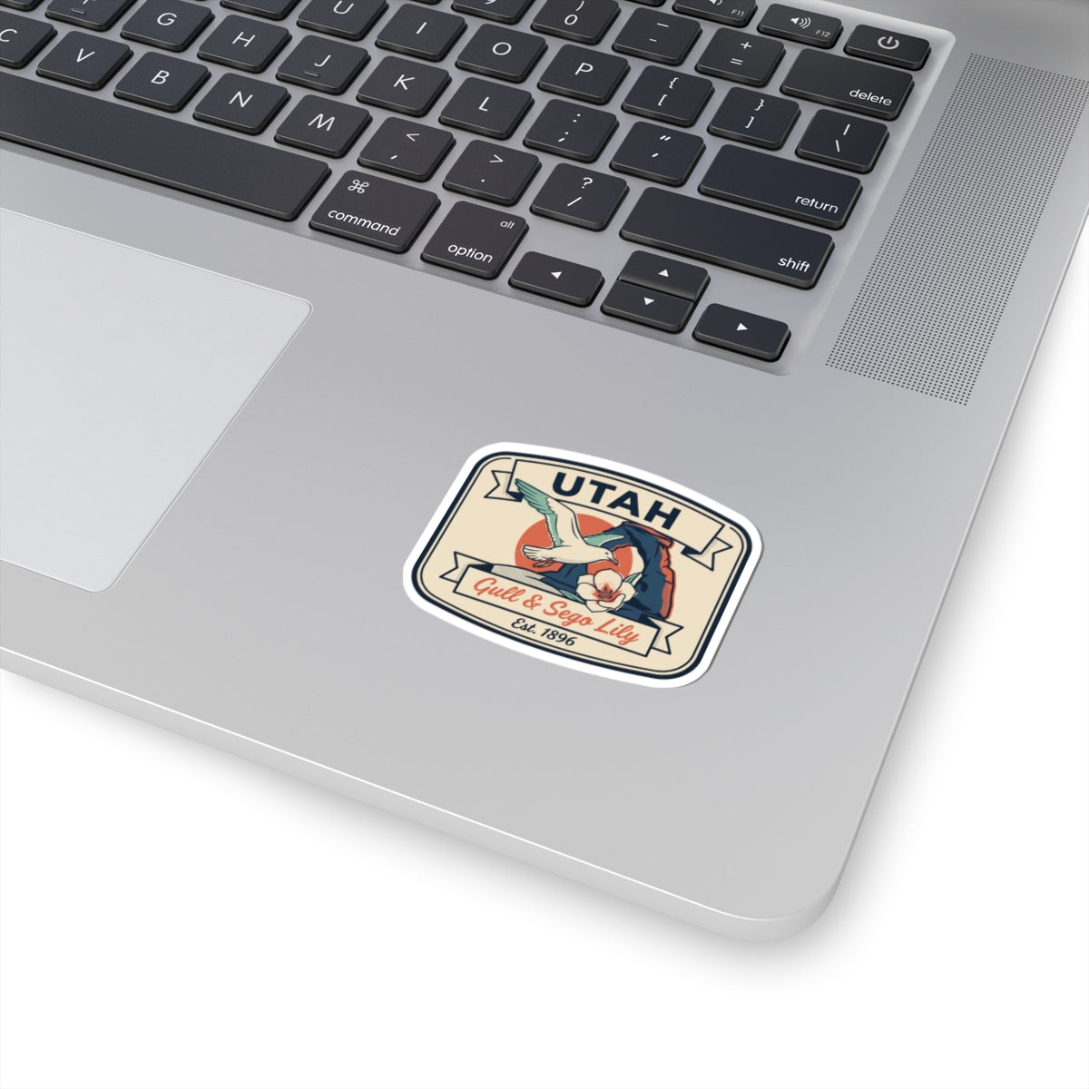 Utah state badge vinyl sticker with bird and sego lily, white border kiss-cut