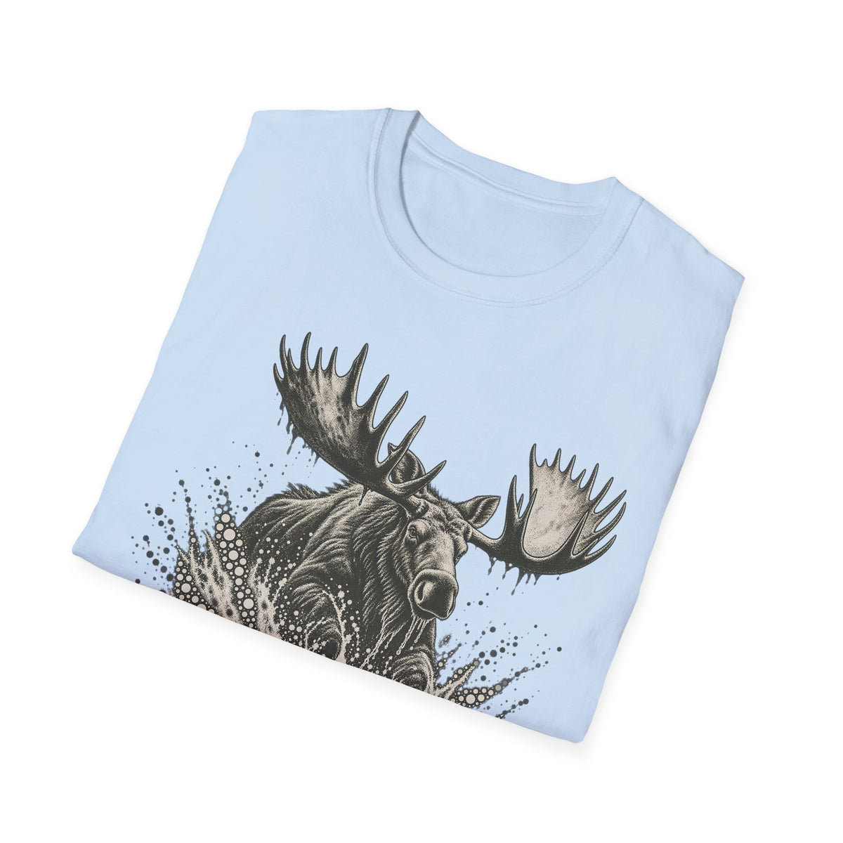 Light blue moose graphic T-shirt with roaring bull moose and antlers print