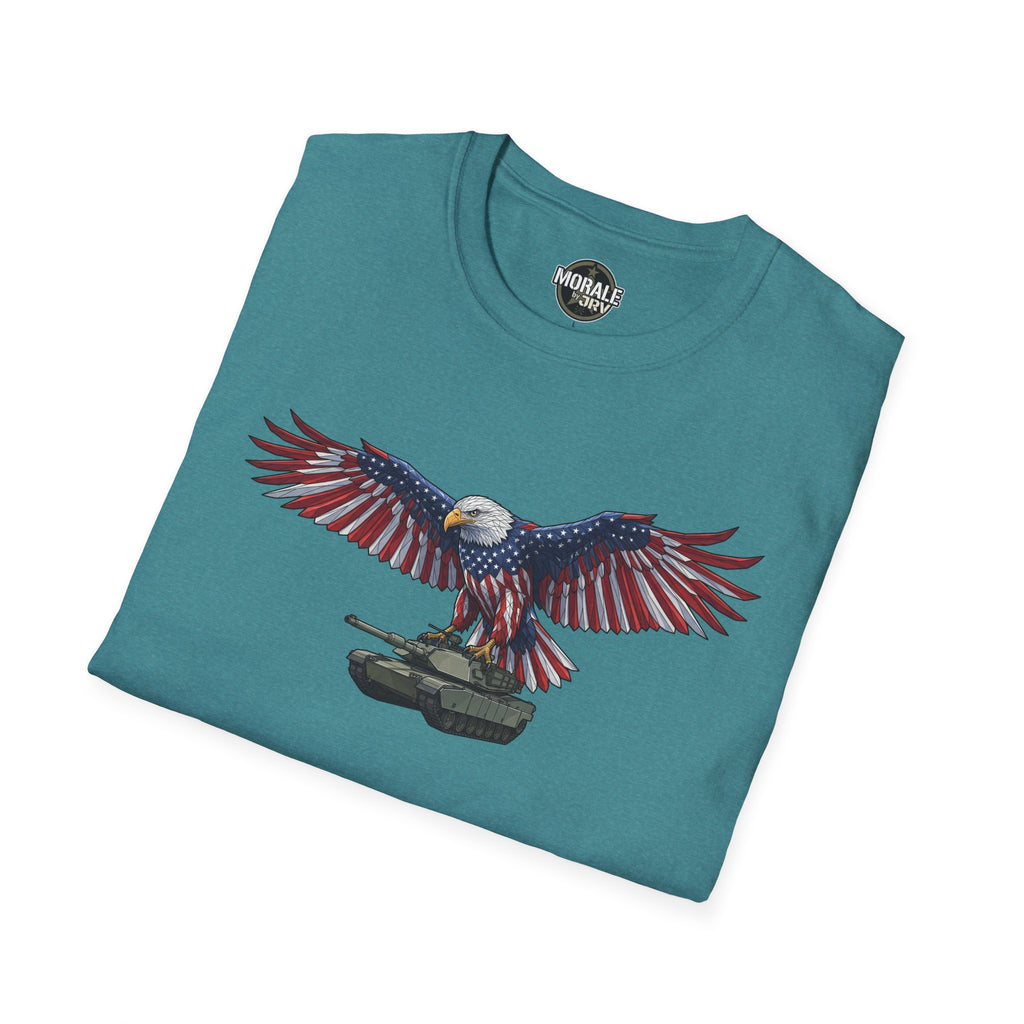 Teal T-shirt featuring bald eagle with American flag wings over an M1 tank graphic