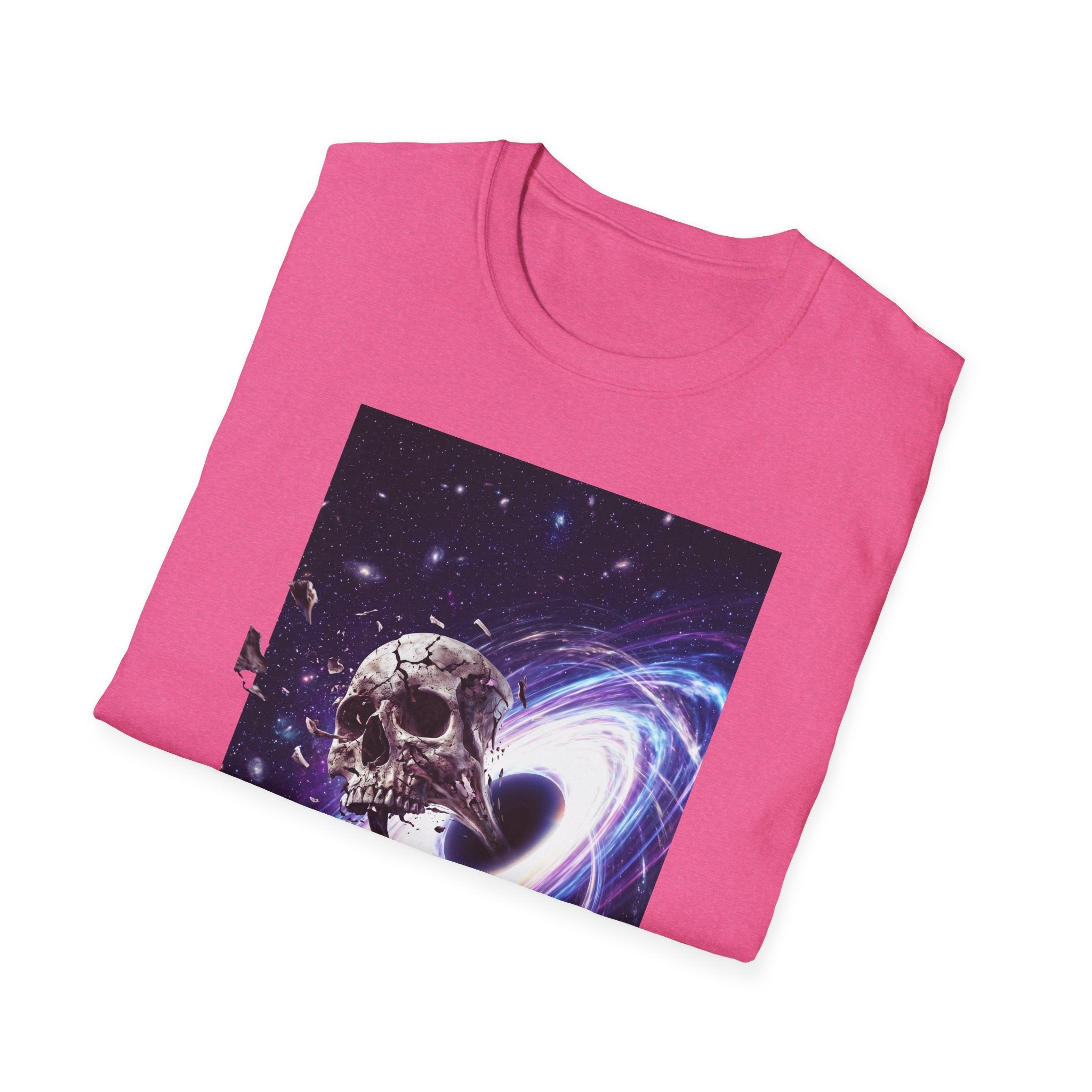 Pink cosmic skull galaxy T-shirt with space spiral graphic on front