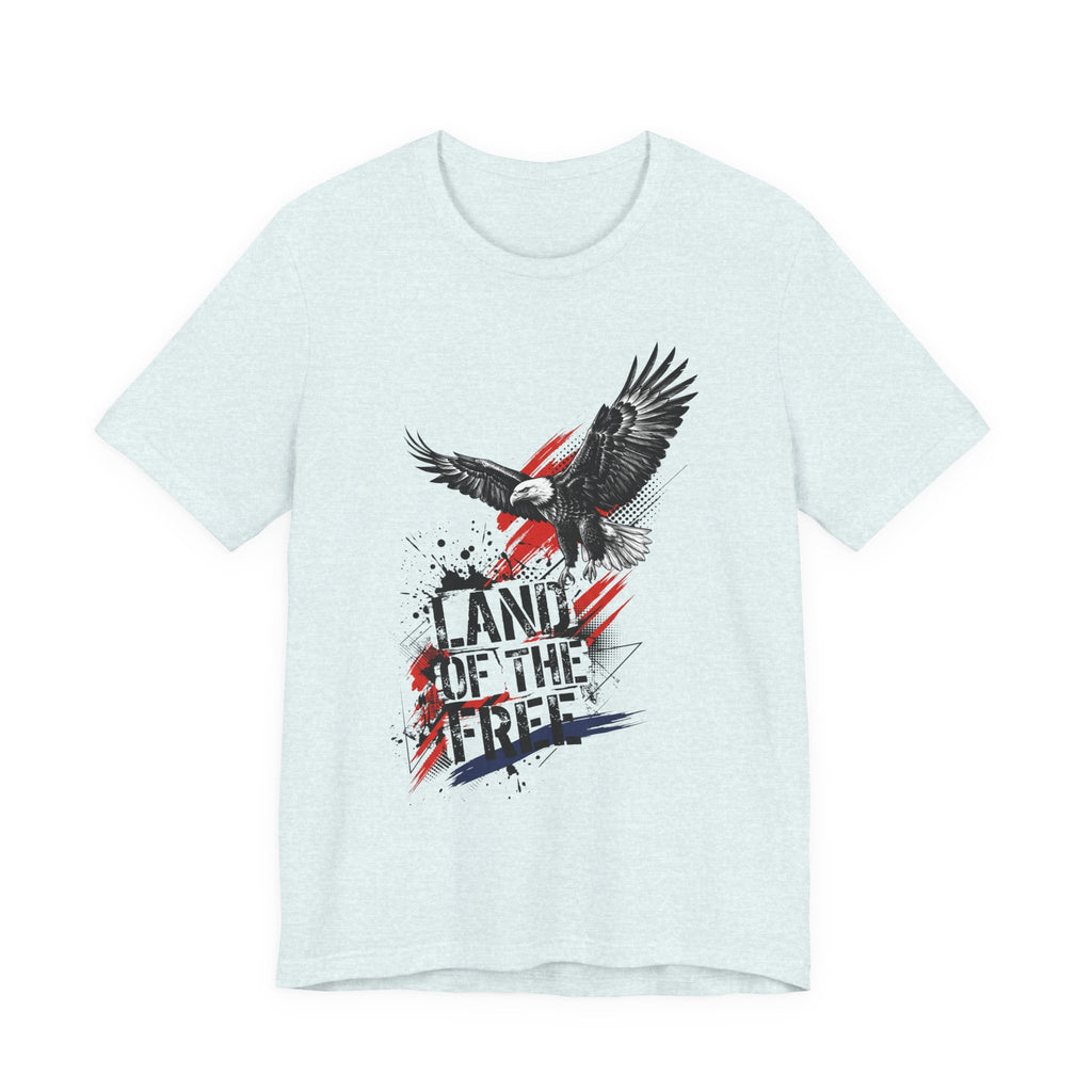 Powder blue eagle graphic t-shirt with distressed "Land of the Free" text and flag accents