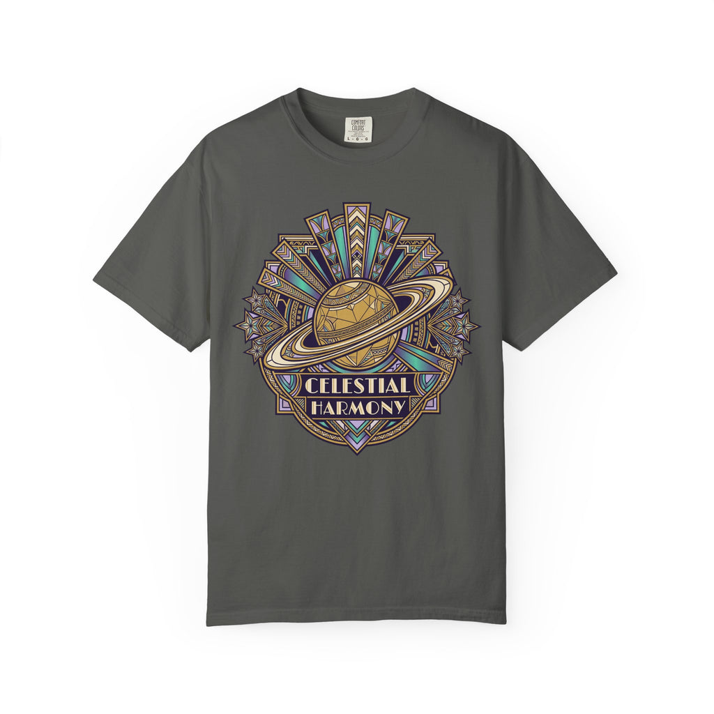 Charcoal crewneck T-shirt with Saturn-like celestial graphic on the chest