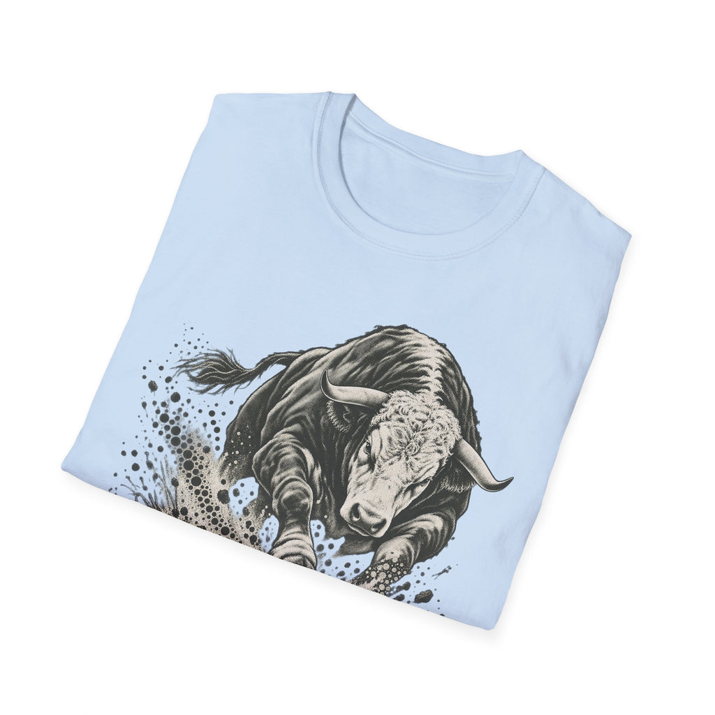 Light blue graphic T-shirt featuring a monochrome charging bull face with splash background
