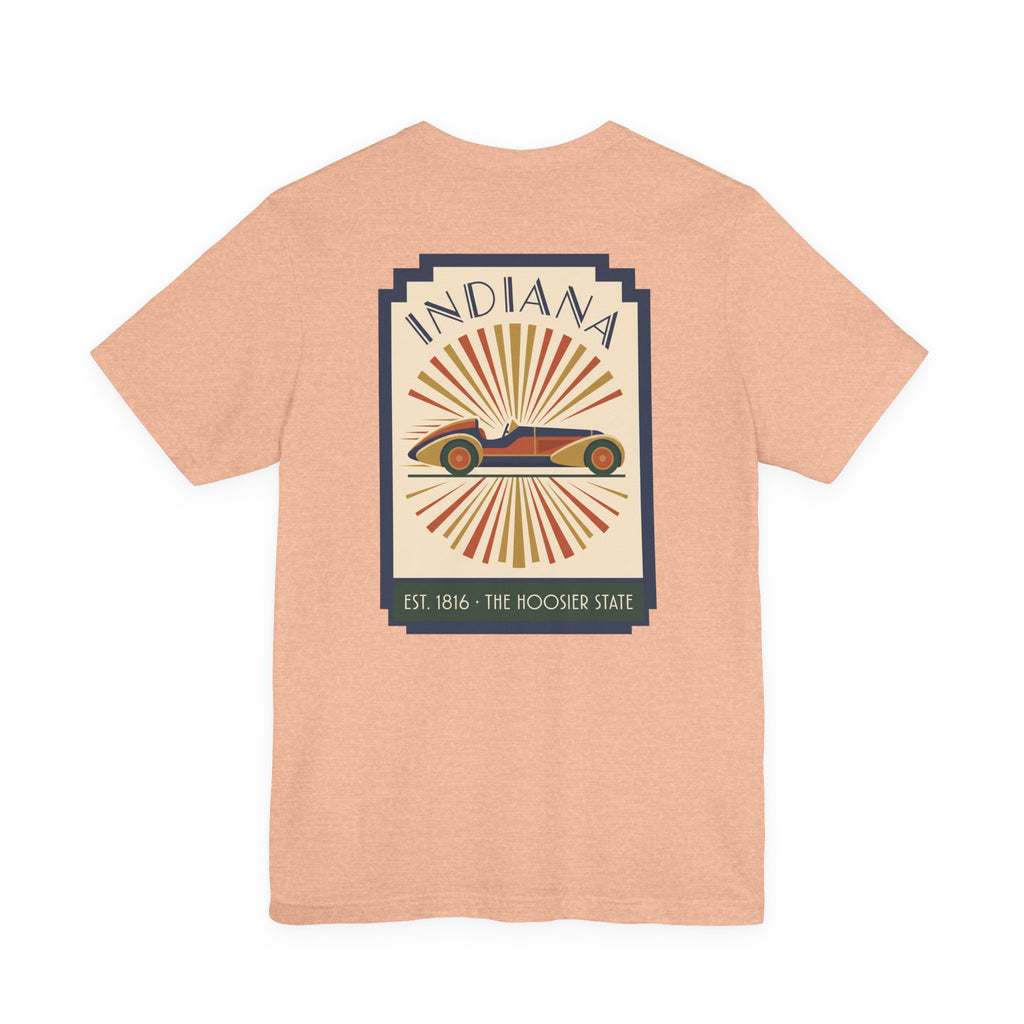 Peach T-shirt with centered vintage Indiana racecar graphic in a square frame.