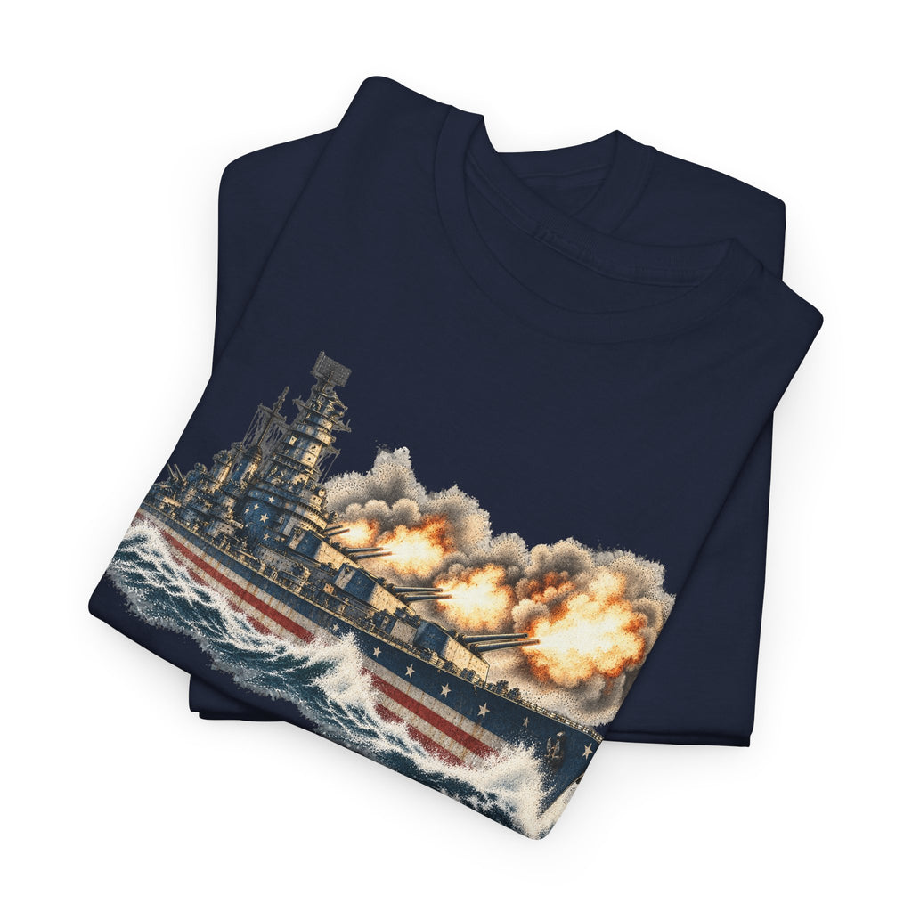 Navy short-sleeve T-shirt with battleship graphic and fire clouds