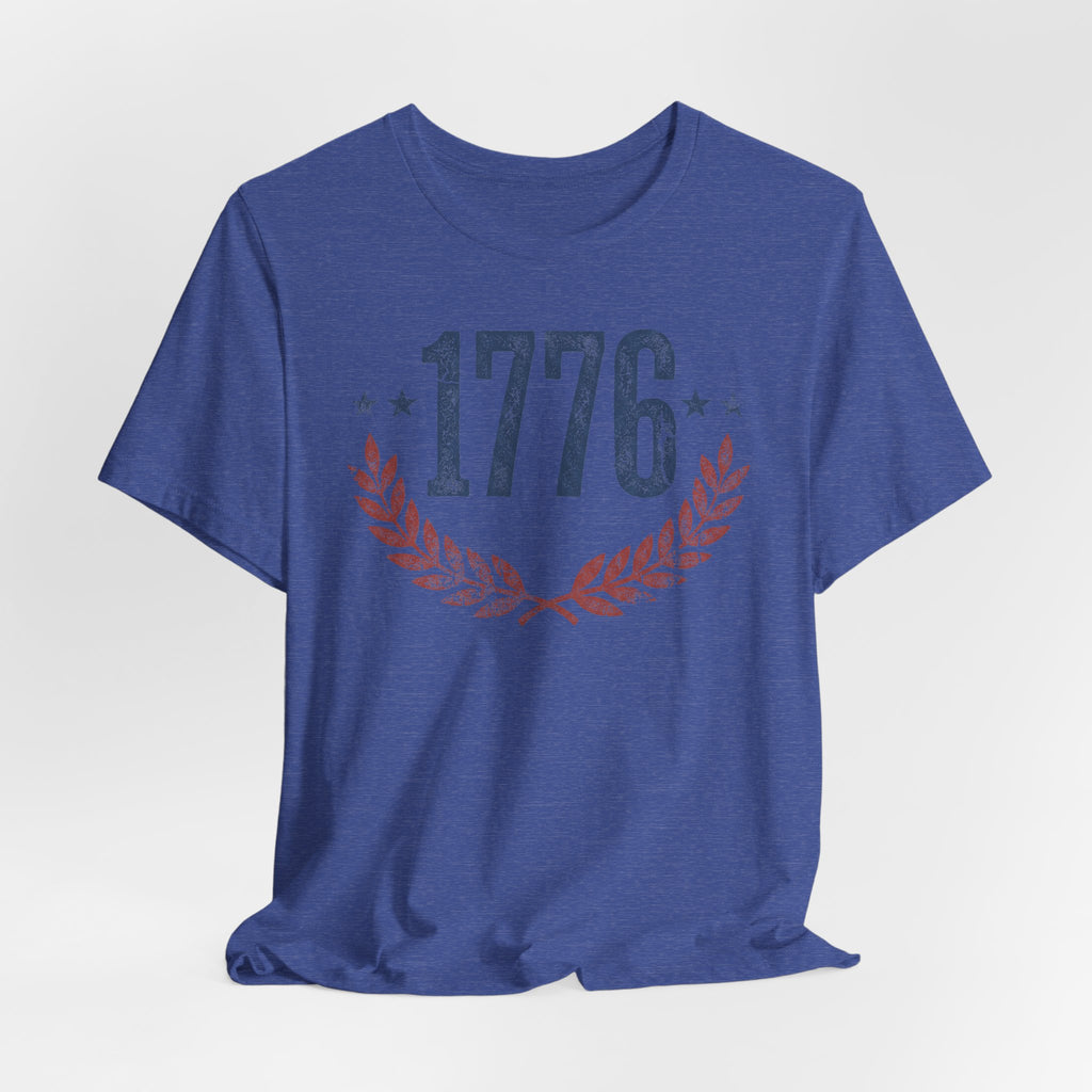 Royal blue crewneck T-shirt with 1776 text and laurel wreath graphic
