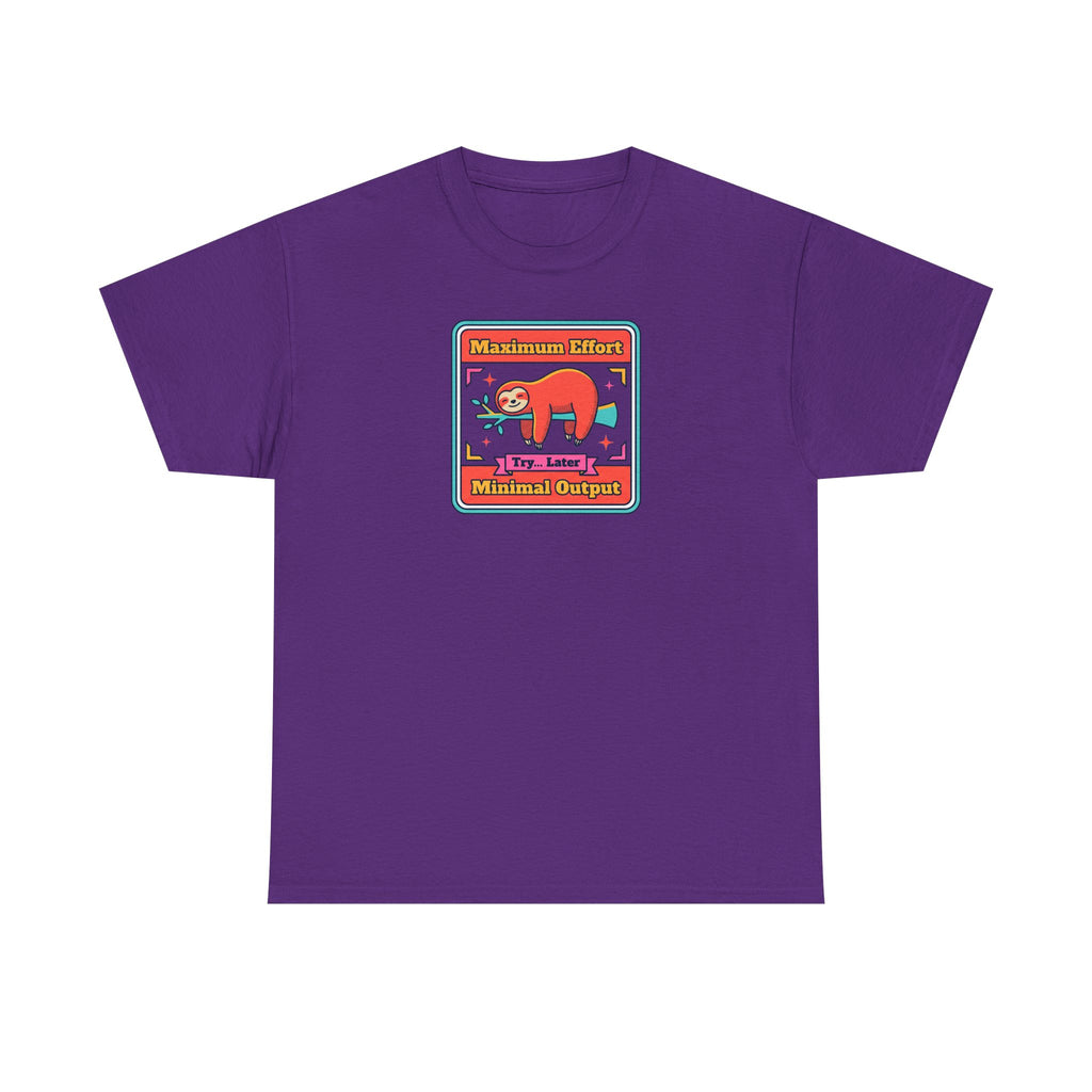 Purple short-sleeve T-shirt with colorful sloth graphic chest print