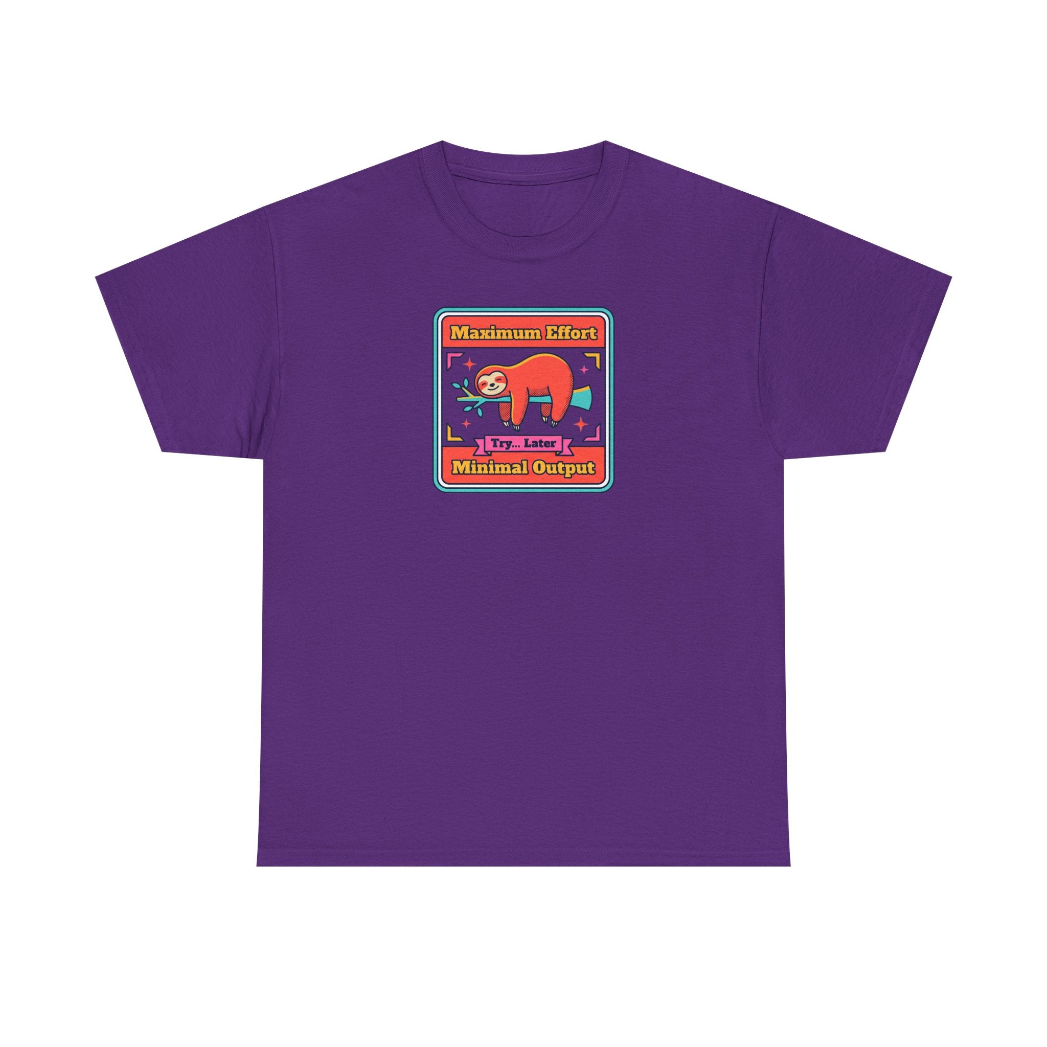 Purple short-sleeve T-shirt with colorful sloth graphic chest print