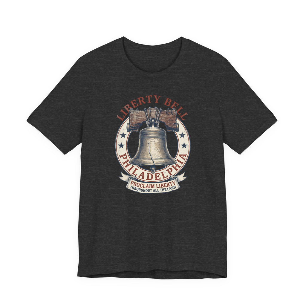 Charcoal T-shirt with Liberty Bell graphic emblem at center chest