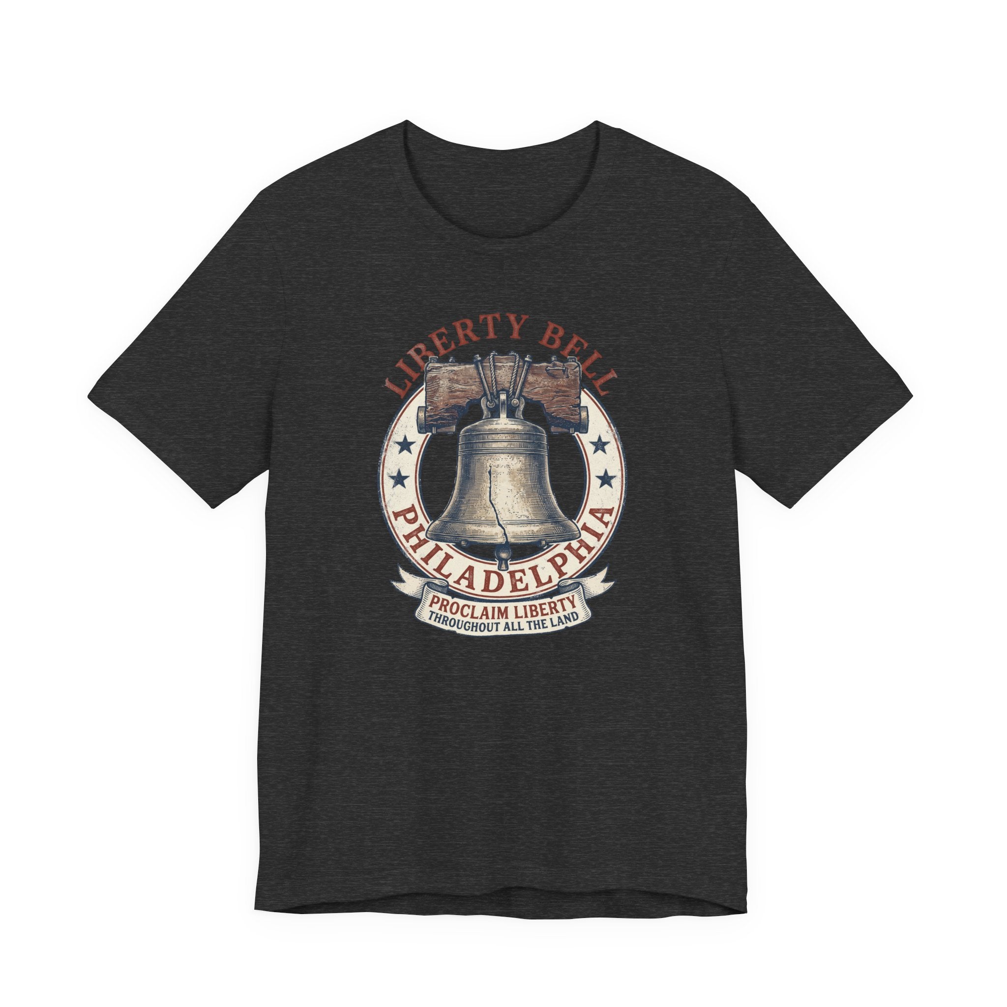 Charcoal T-shirt with Liberty Bell graphic emblem at center chest