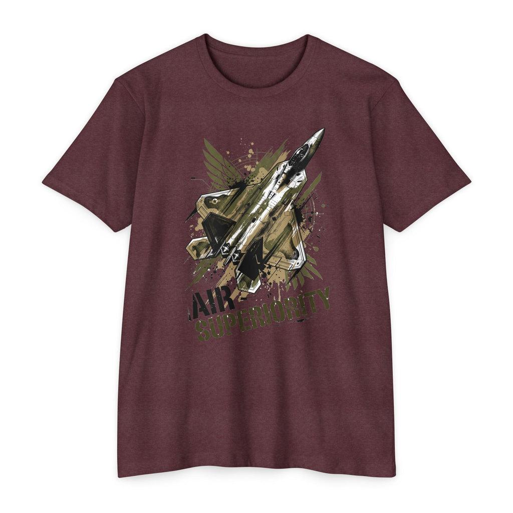 Air superiority jet fighter T-shirt in dark maroon with front jet graphic and text