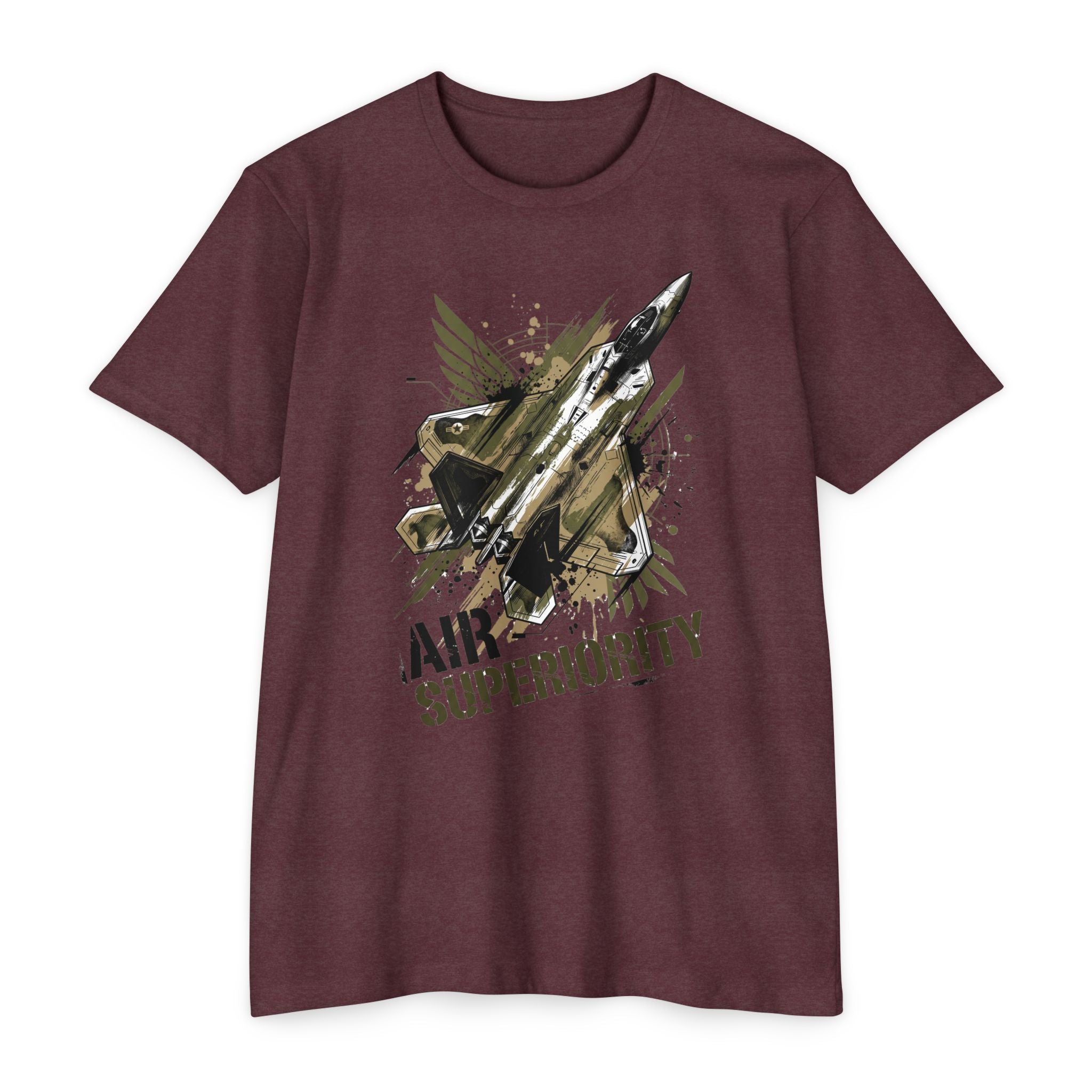 Air superiority jet fighter T-shirt in dark maroon with front jet graphic and text