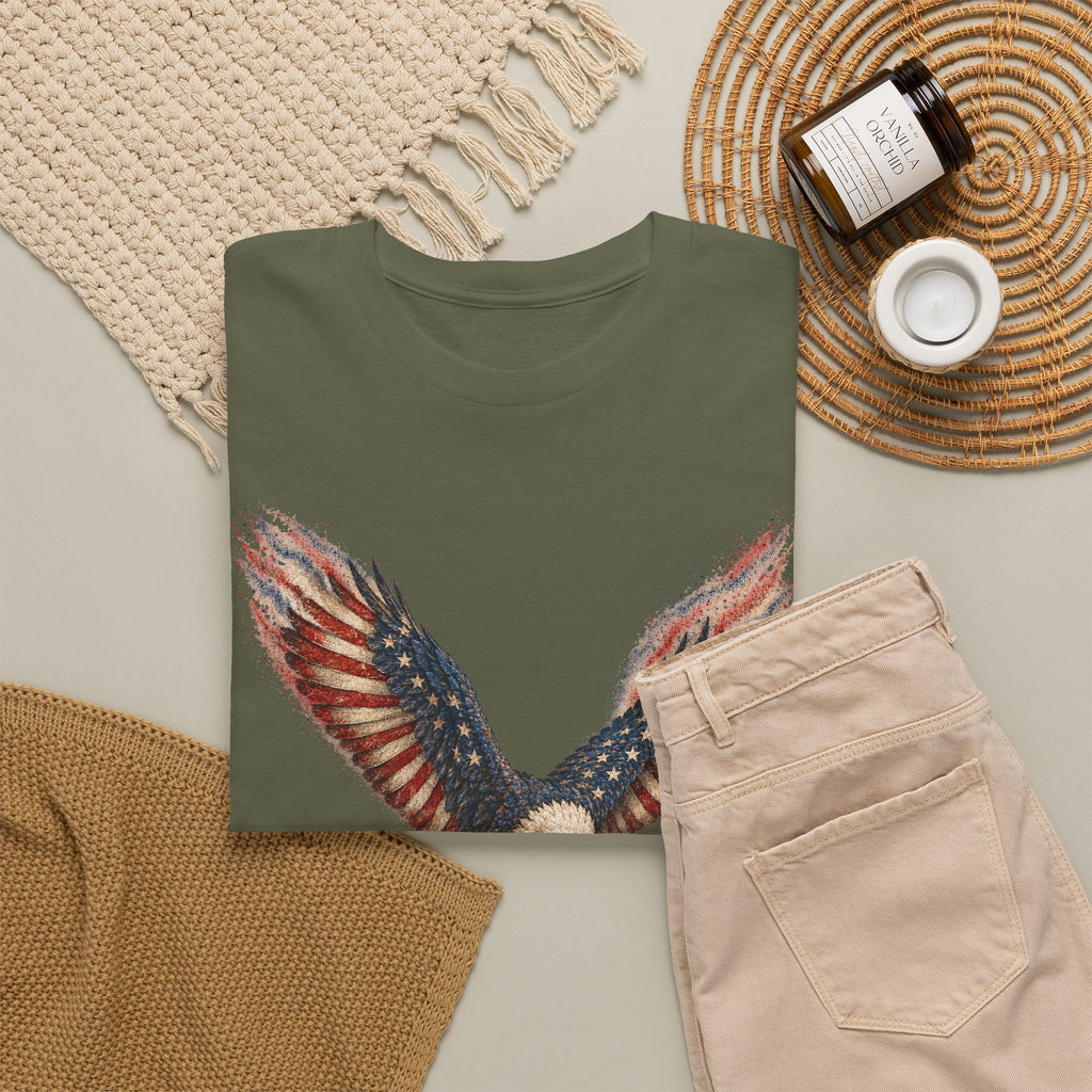 Olive green T-shirt with distressed American flag eagle wings graphic on front