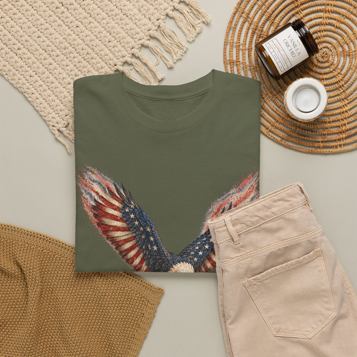 Olive green T-shirt with distressed American flag eagle wings graphic on front