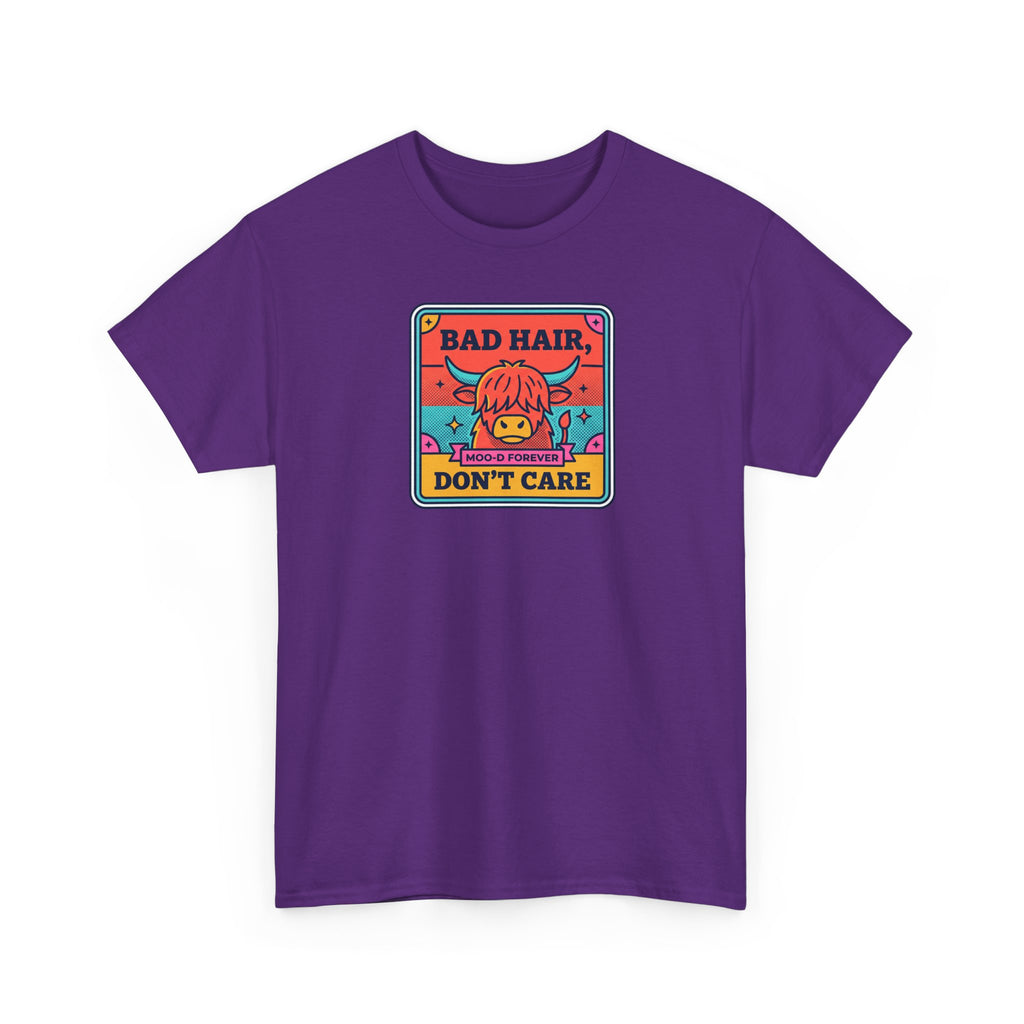 Purple T-shirt with colorful square graphic print on chest