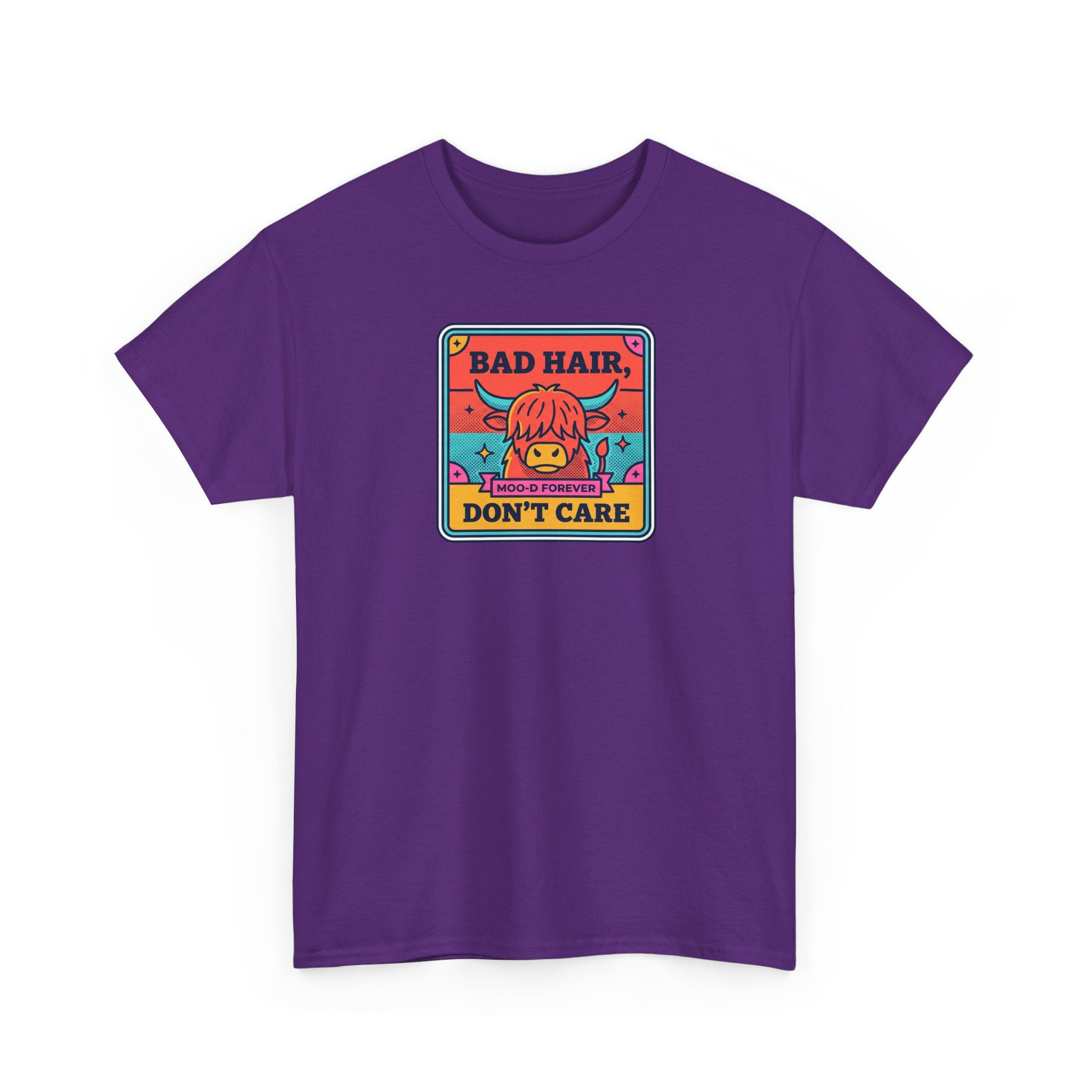 Purple T-shirt with colorful square graphic print on chest