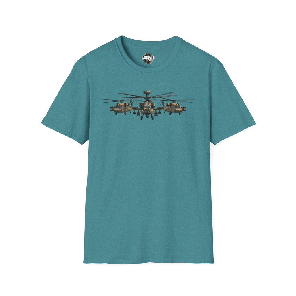 Teal T-shirt with Apache helicopter formation graphic across the chest