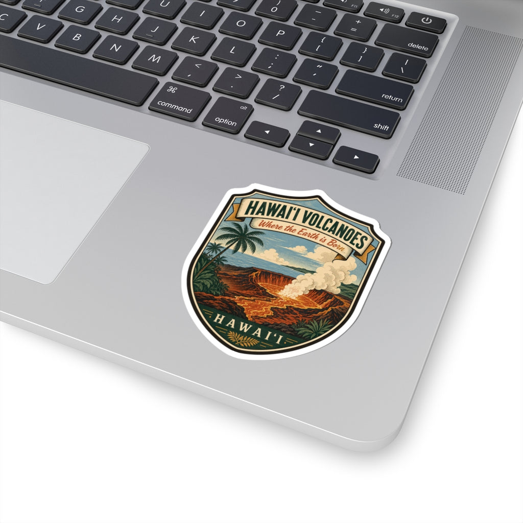 Small shield travel sticker with Hawai'i Volcanoes text and orange lava stream