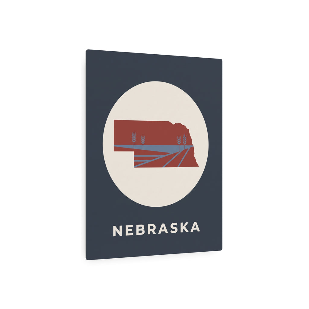 Nebraska state square metal wall sign with circular farm illustration and “NEBRASKA” text