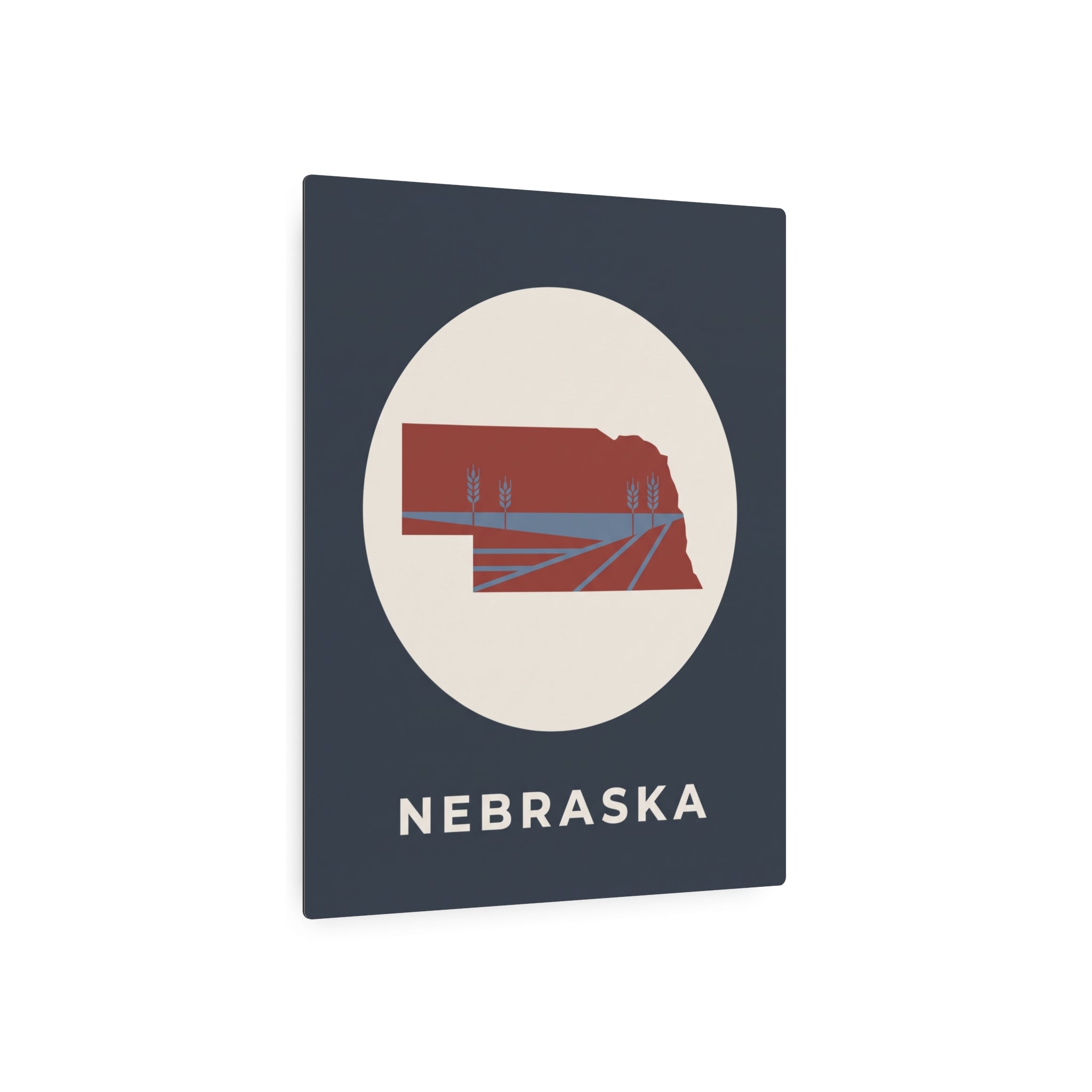 Nebraska state square metal wall sign with circular farm illustration and “NEBRASKA” text