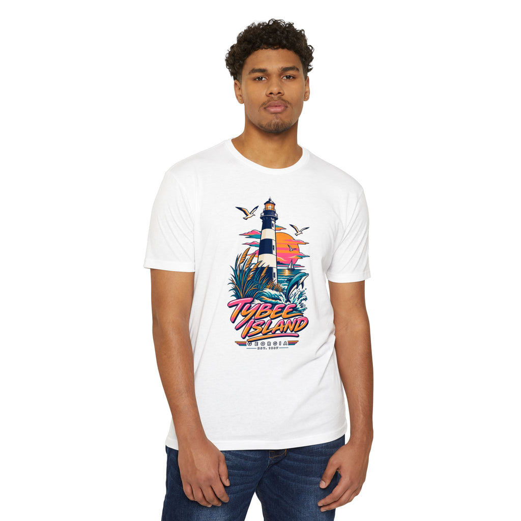 White crew-neck T-shirt with colorful lighthouse and island graphic on front