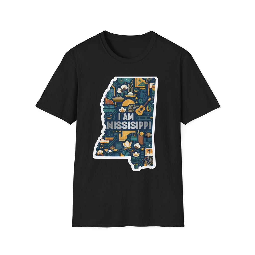 Black T-shirt with colorful Mississippi state map graphic and "I AM MISSISSIPPI" lettering