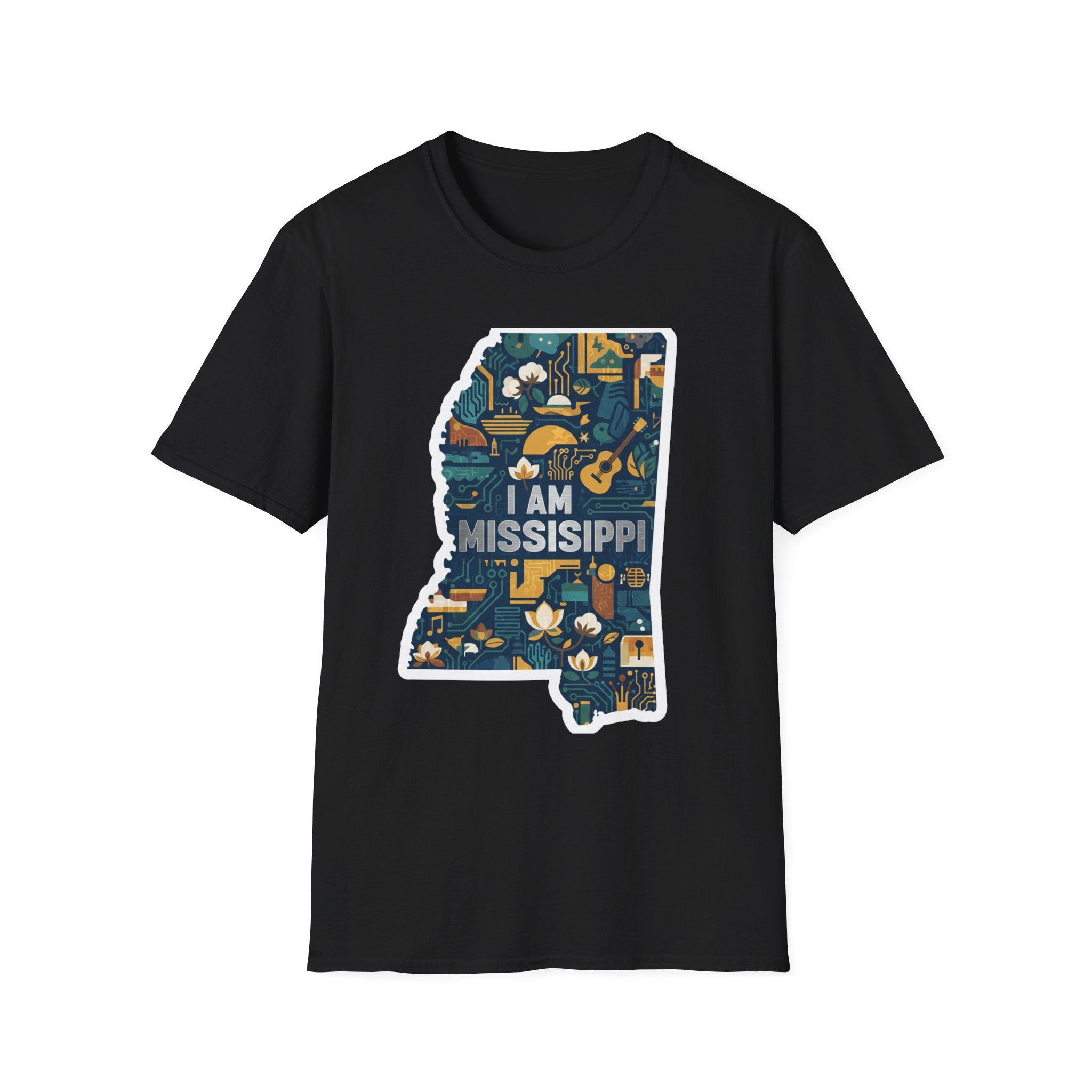 Black T-shirt with colorful Mississippi state map graphic and "I AM MISSISSIPPI" lettering