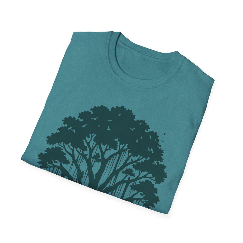 Teal T-shirt with dark jungle tree graphic and small birds