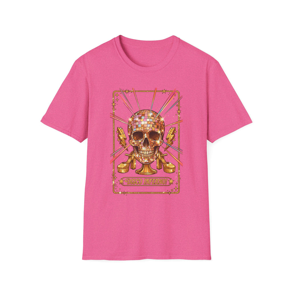 Disco Inferno Skull T-Shirt, pink—retro skull with disco ball crown and title text
